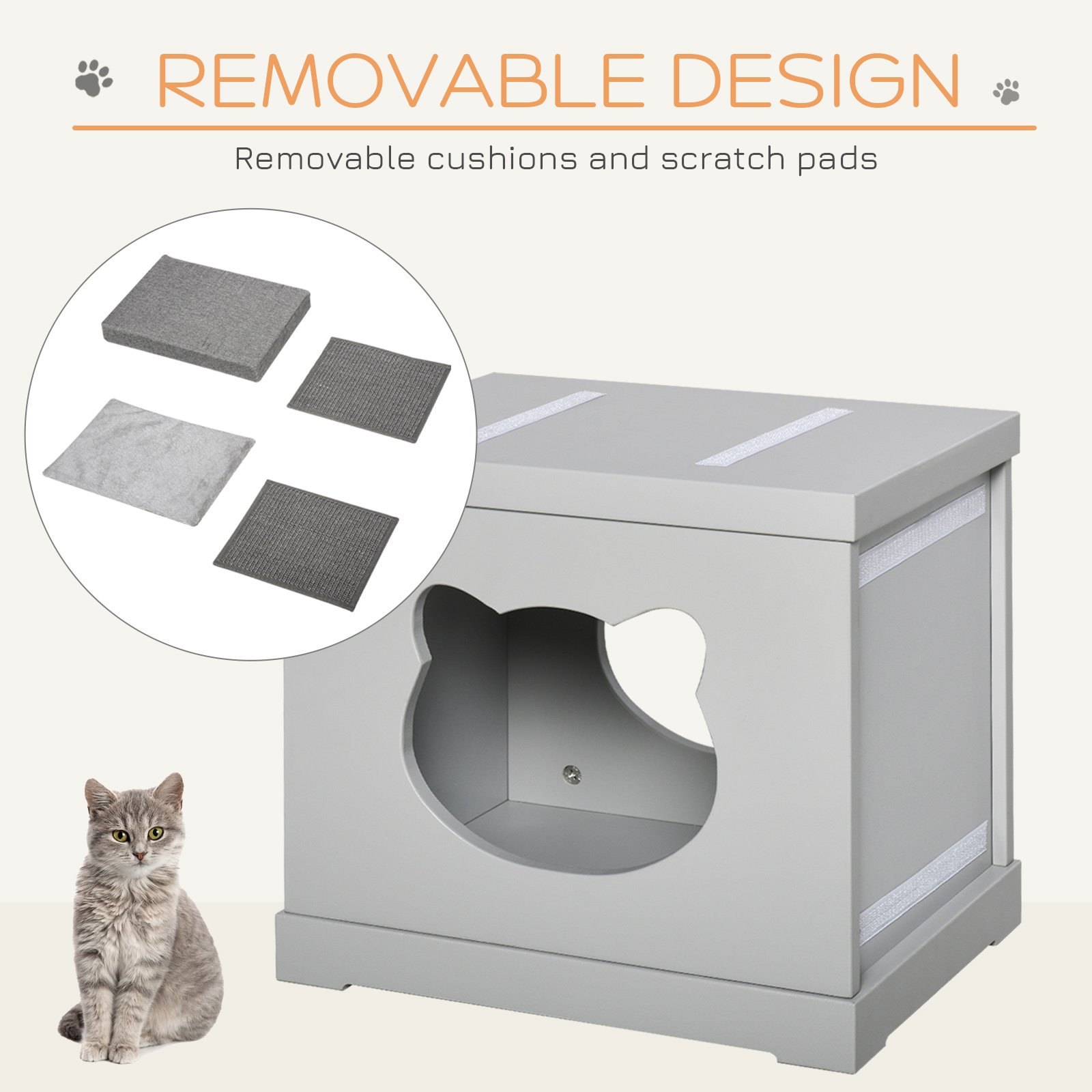 Cat House Bed Kitten Cave Cube Indoor for Small Pet with Removable Sisal Scratching Pads Soft Cushions, 41x30x36 cm, Grey - Image 5