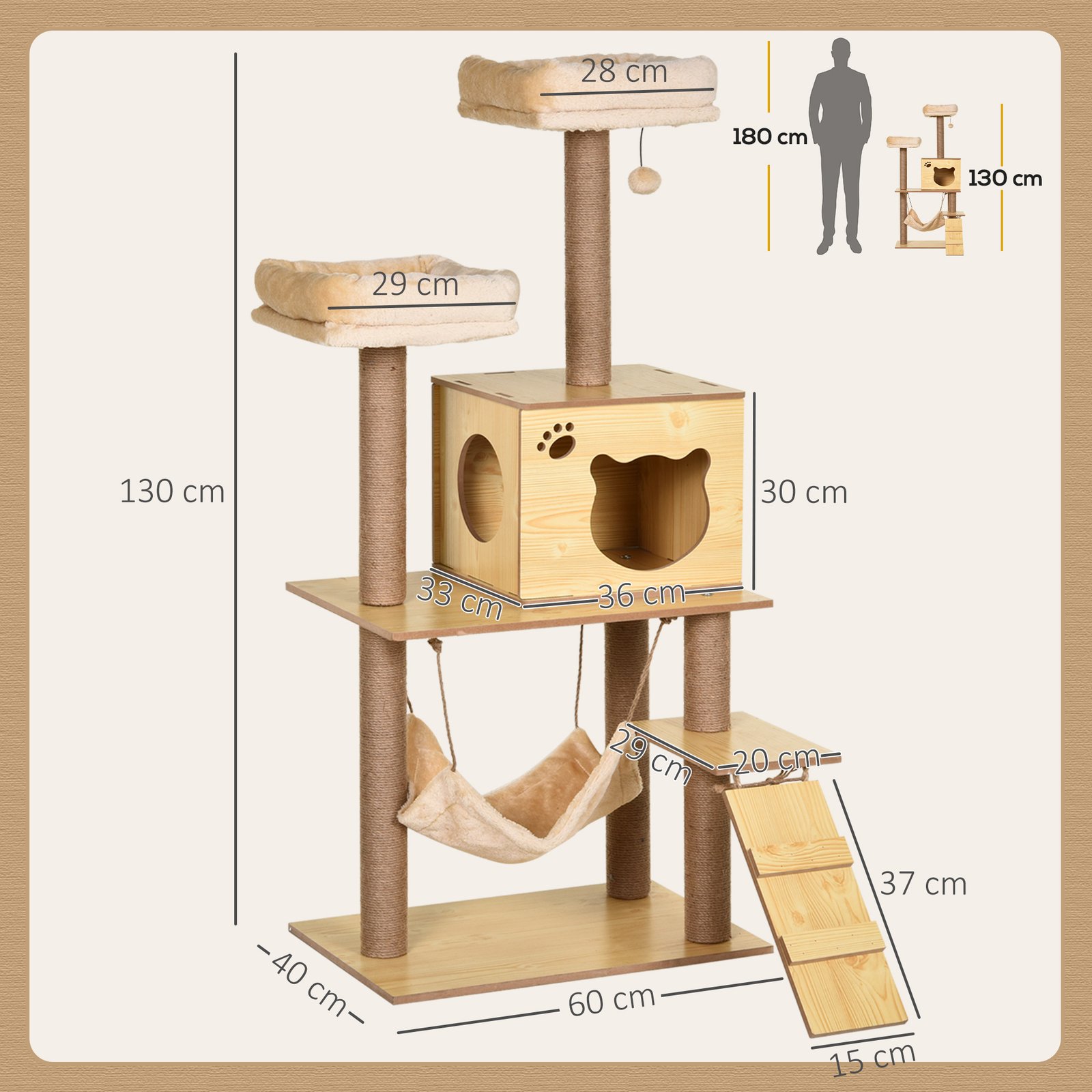 130cm Cat Tree for Indoor Cats, Multi-Level Plush Cat Tower, with Five Scratching Posts, Two Perches, Cat House, Hammock