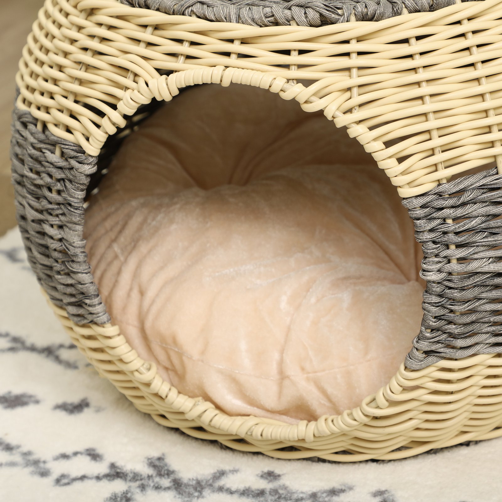 Wicker Cat House, Rattan Raised Cat Bed, Cosy Kitten Cave with Soft Washable Cushion, Φ40 x 30cm - Image 8