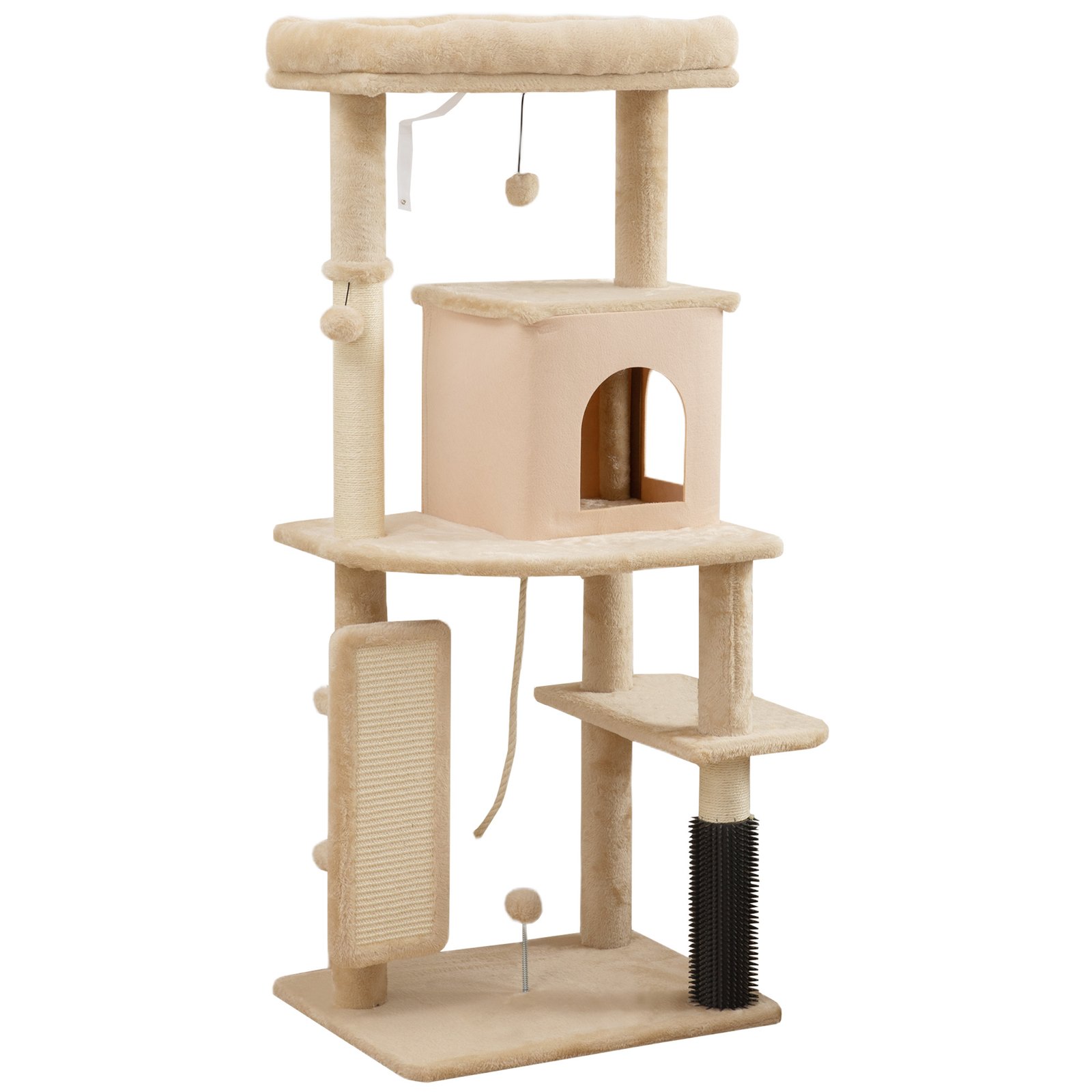 132cm Cat Tree w/ Scratching Posts, Pad, Cat Bed, Cat House, Jumping Platform, Grooming Brush, Anti-Tip Kit, Beige