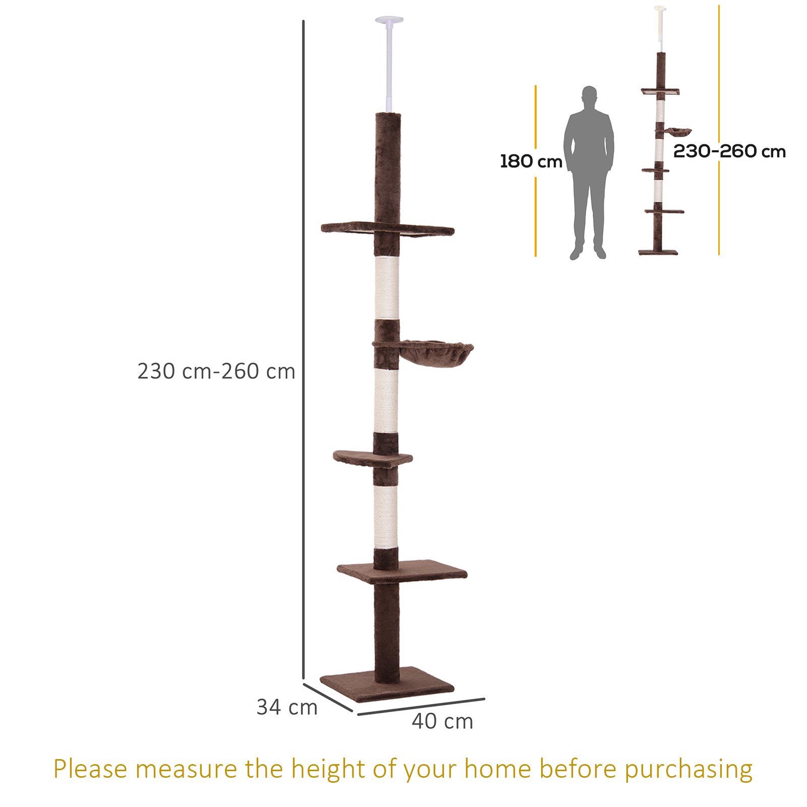 Floor to Ceiling Cat Tree 230-260cm Height Adjustable, 5-Tier Cat Tower with Scratching Posts, Hammock, Perches, Climbing Activity Centre for Indoor Kittens Playing and Relaxing, Brown