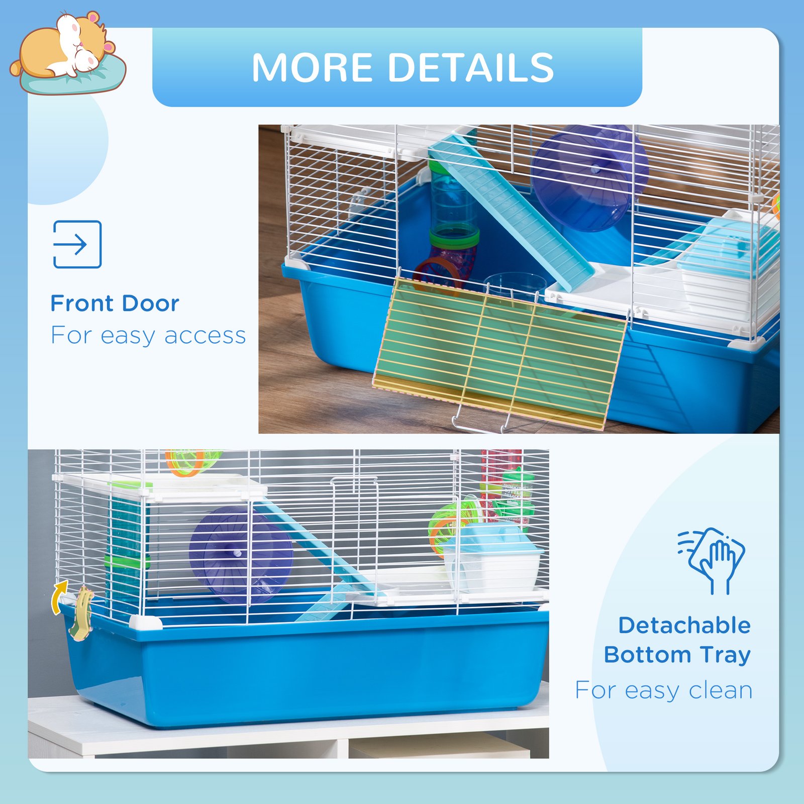 Hamster Cage, Gerbil Cage 3 Tier for Dwarf Hamster with Tube, Exercise Wheel, Water Bottle, Food Dish 59 x 36 x 47 cm- Blue - Image 6