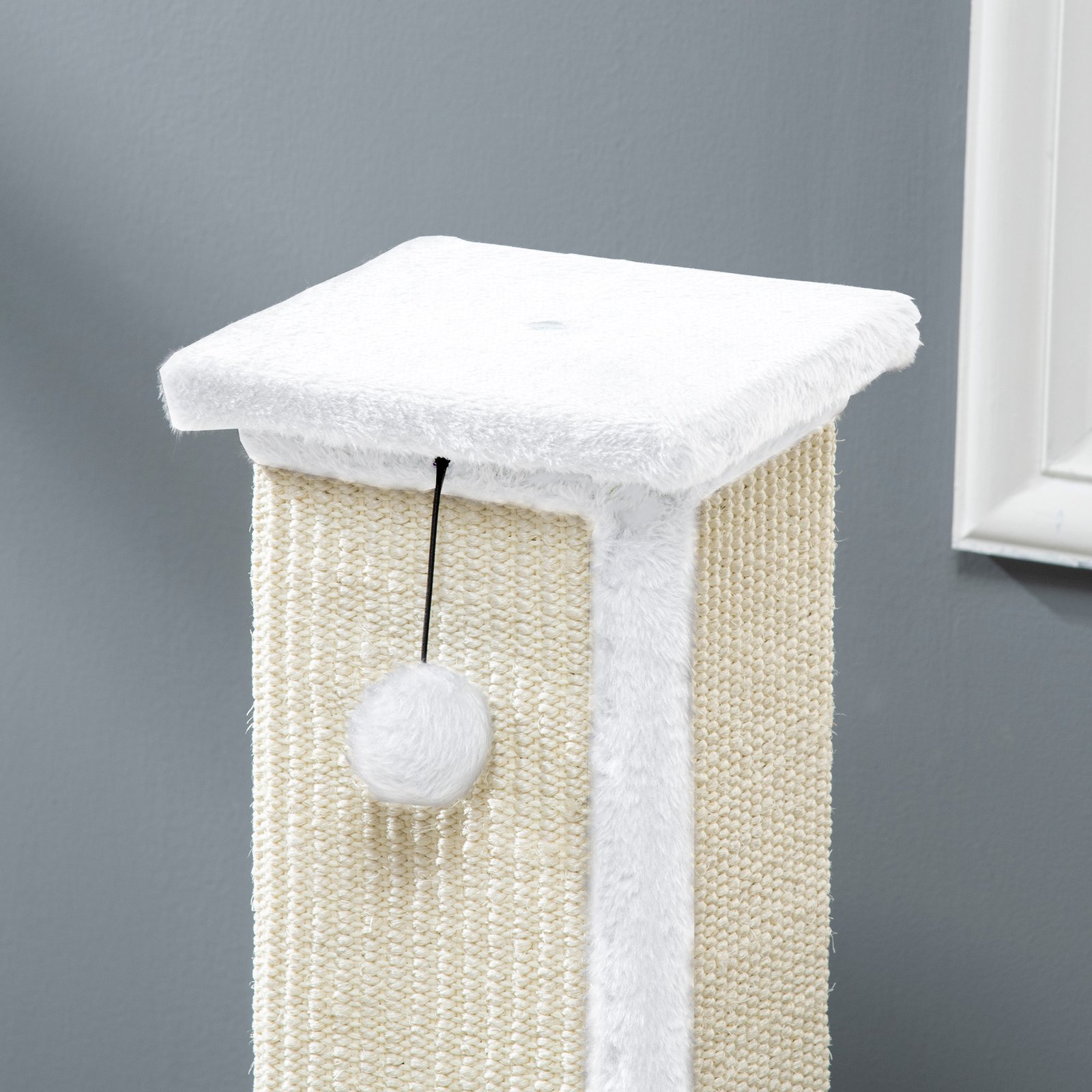 81cm Cat Scratcher, Vertical Full Scratcher w/ Natural Sisal Rope, Hanging Ball, Soft Plush - White