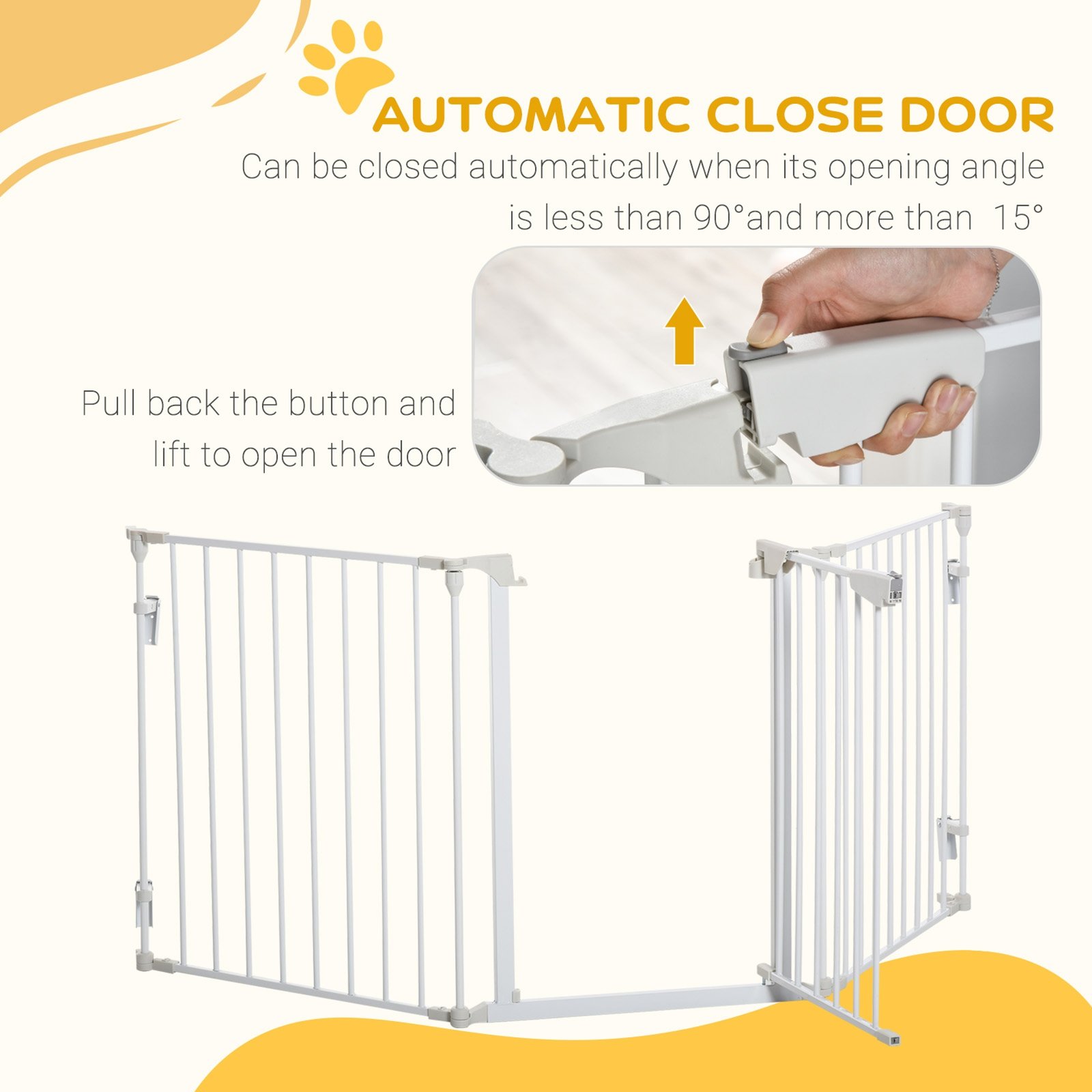 Pet Safety Gate, 3 Panels Playpen Fireplace, Foldable Metal Fence, Stair Barrier, Room Divider, Fire Guard w/ Automatic Closing Door, White