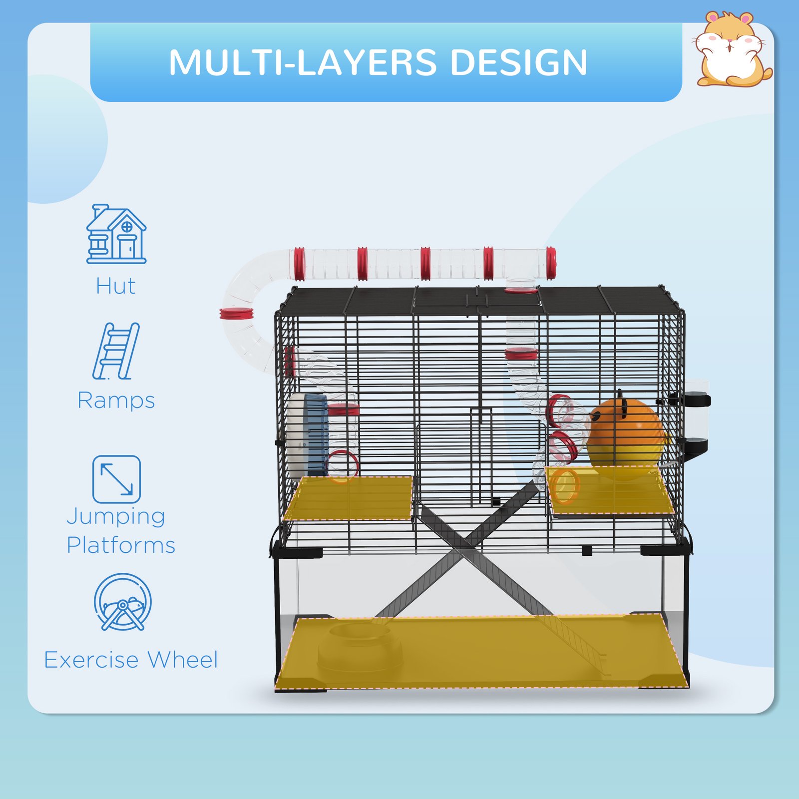 Gerbil Cage Dwarf Hamster Cage, with Deep Glass Bottom, Tunnels, Hut, Exercise Wheel, 60 x 40 x 57cm - Image 5