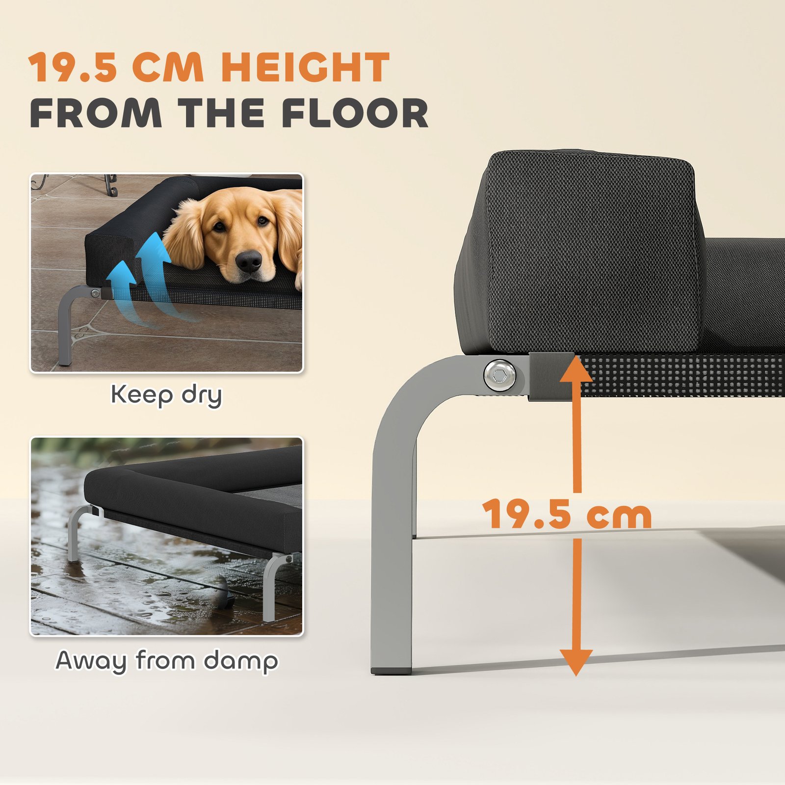 Elevated Dog Bed with Removable Bolsters, Raised Dog Bed for Large Breeds, Portable Indoor & Outdoor Pet Cots, Black