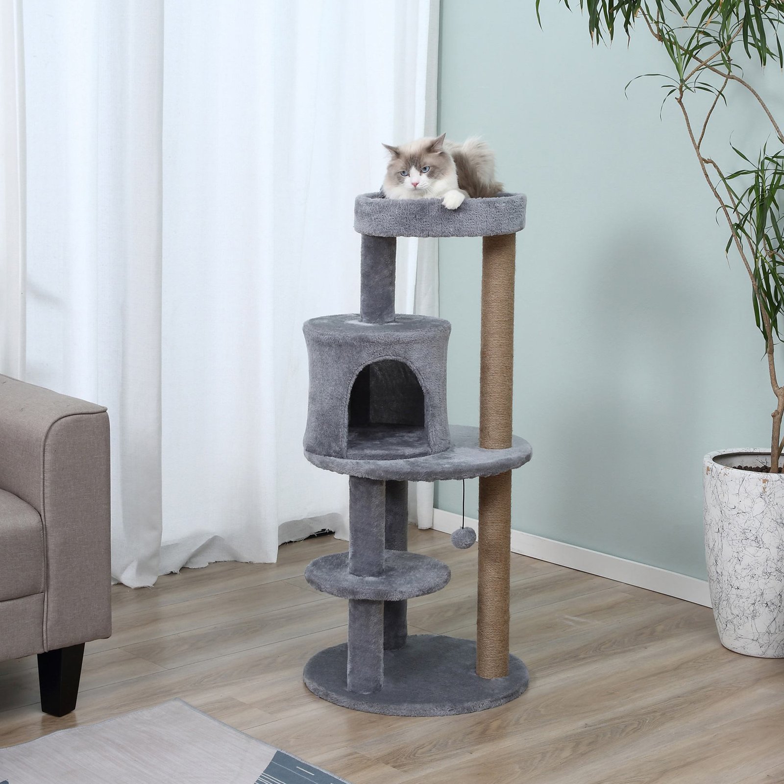 104 cm Cat Tree, Cat Condo Tree Tower, Cat Activity Centre with Scratching Posts, Plush Perches, Hanging Ball - Grey