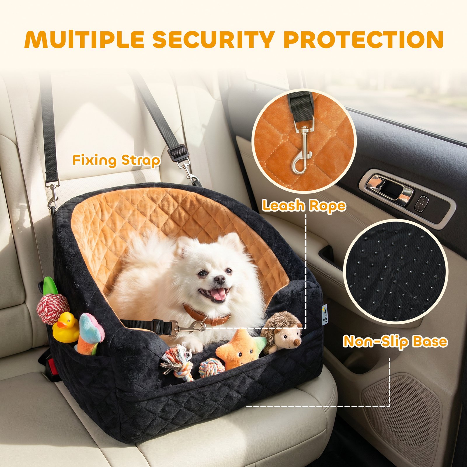 Dog Car Seat, Detachable Washable Dog Booster Seat with Thick Cushion, Seat Belt, Pockets for Small Under 10kg, Brown