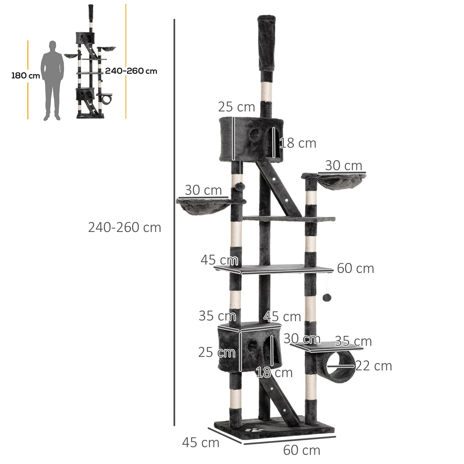 Floor-to-Ceiling Cat Tree for Indoor Cats, 240-260cm Adjustable Cat Tree - Dark Grey