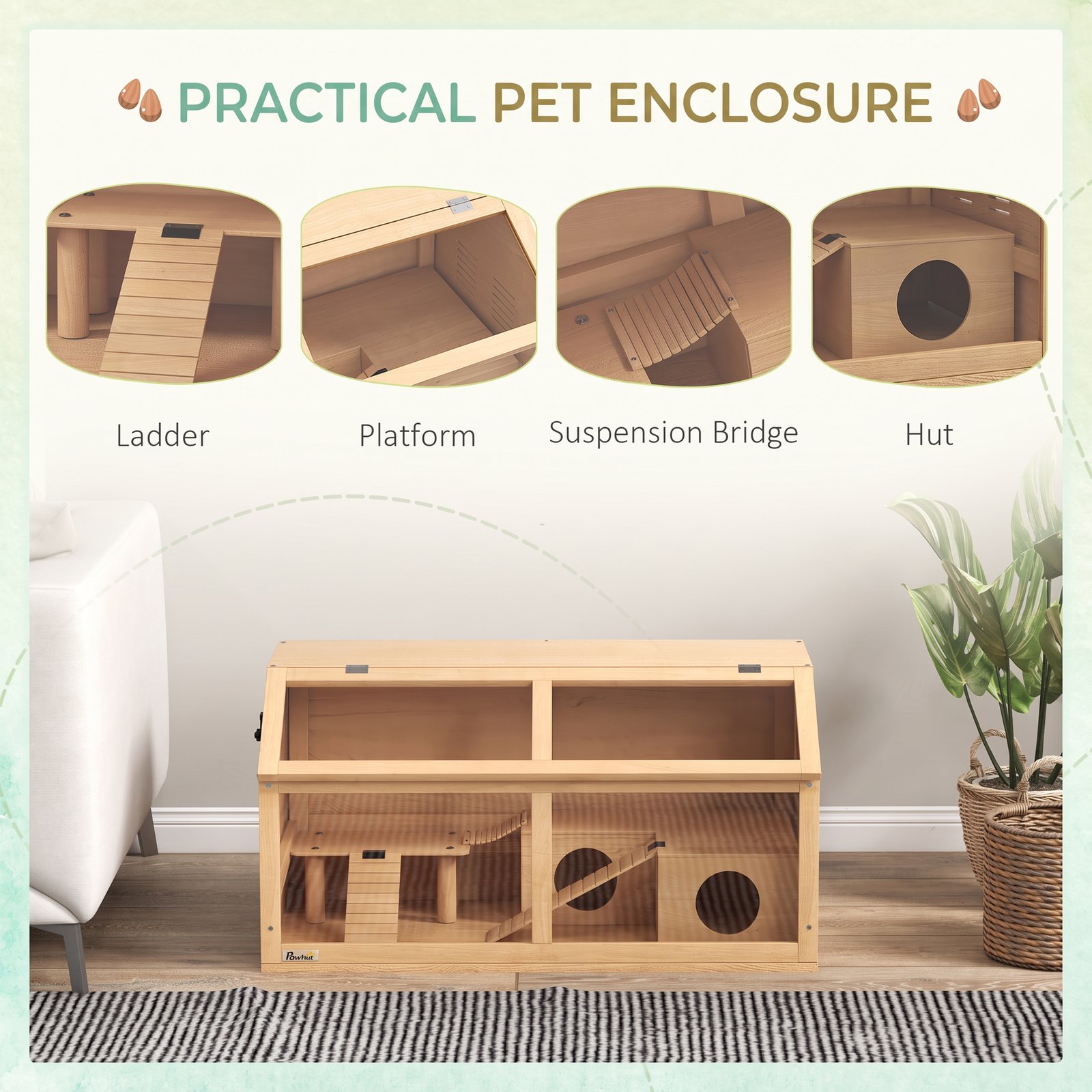 Hamster Cage, Wooden Small Animal Cage for Gerbils, Mice w/ Suspension Bridge, Openable Top, Hut, 85 x 45 x 44cm Nature