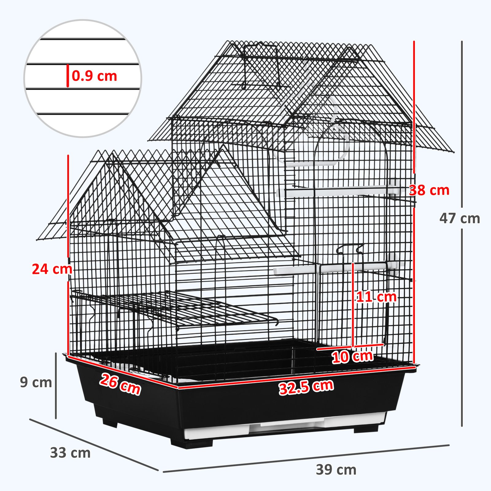 Metal Bird Cage for Finch, Canary w/ Food Containers, Swing Ring, Tray, Handle, 39 x 33 x 47cm - Image 3