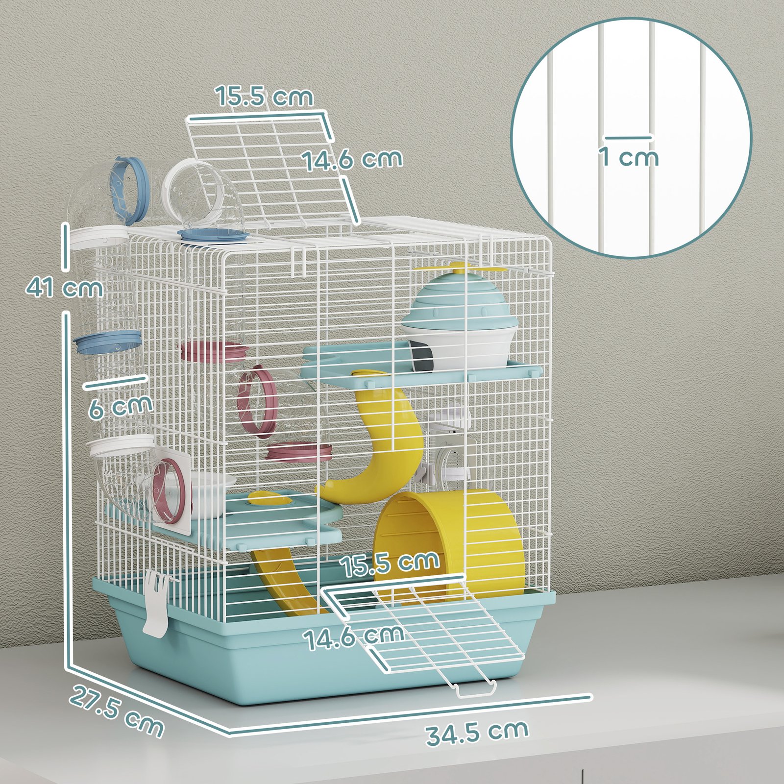 3-Level Hamster Cage with Exercise Wheel, Water Bottle, Food Bowl, for Dwarf Hamsters, 34.5 x 27.5 x 41 cm, Blue