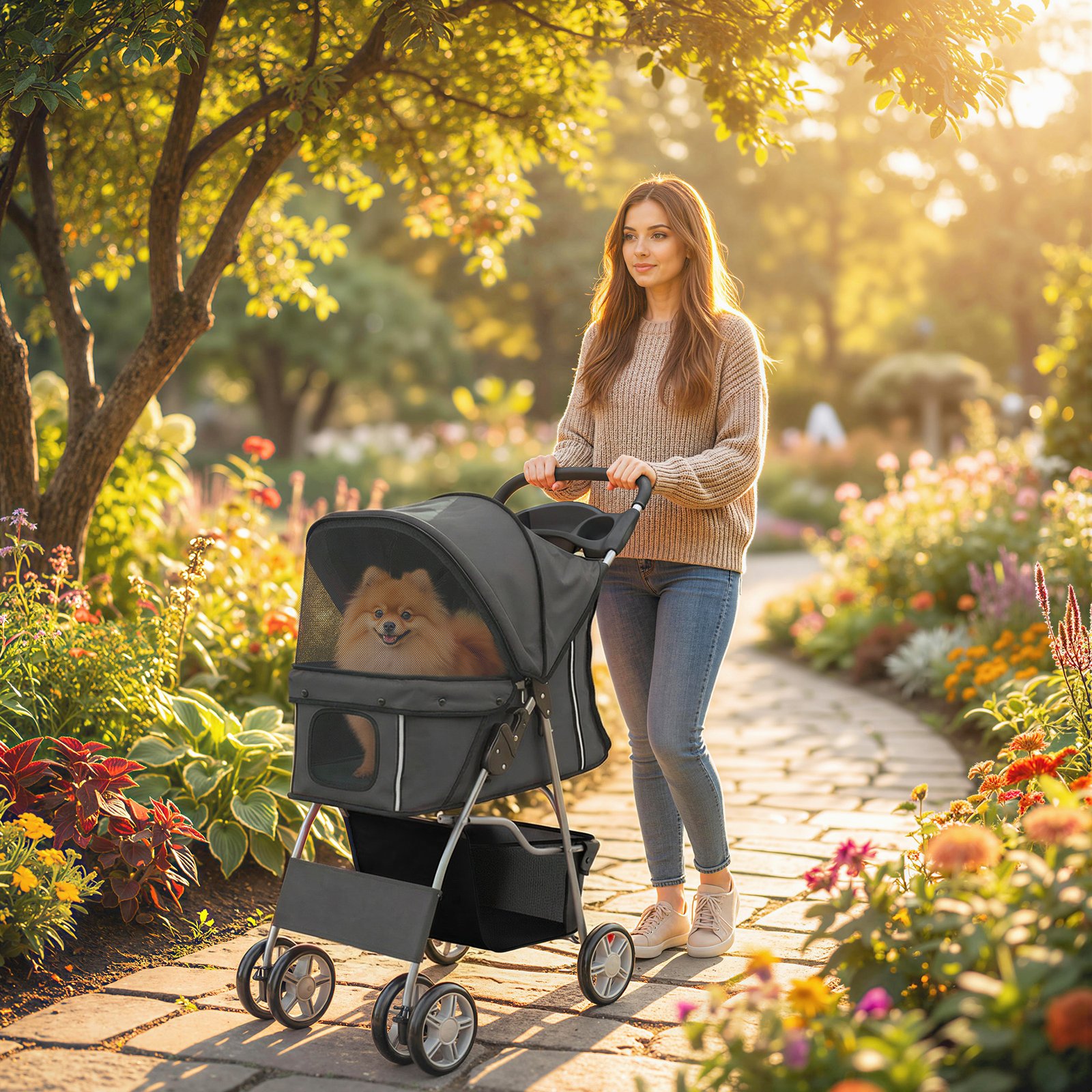 Dog Pram, Pet Stroller with Reflective Strips, Foldable Cat Stroller with 360° Swivel Wheels, Dark Grey - Image 9