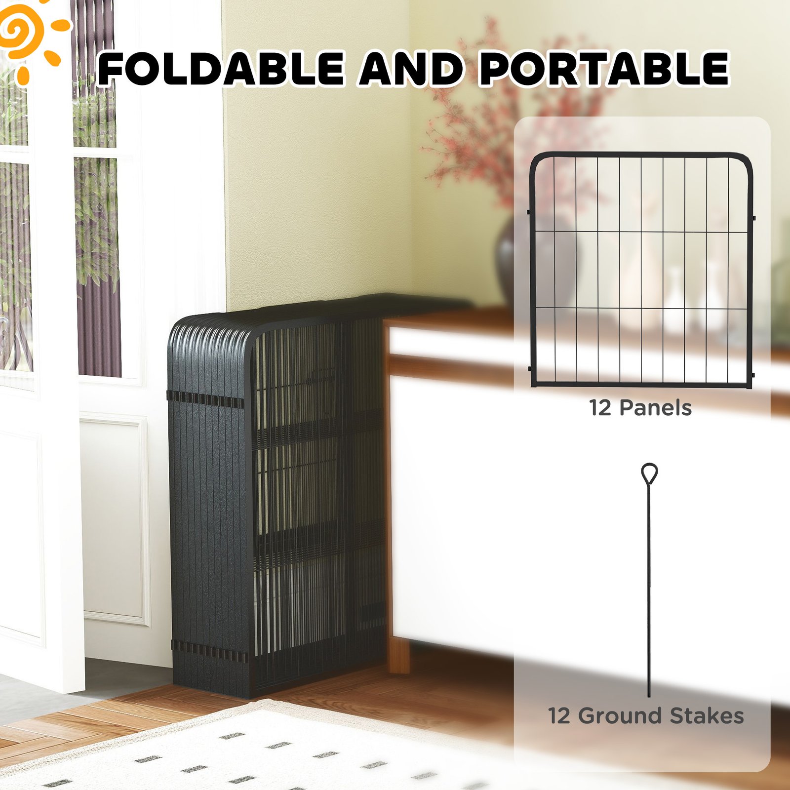12-Panel Solid Dog Playpen with Doors, for Small Dogs, 60cm High, Black - Image 6