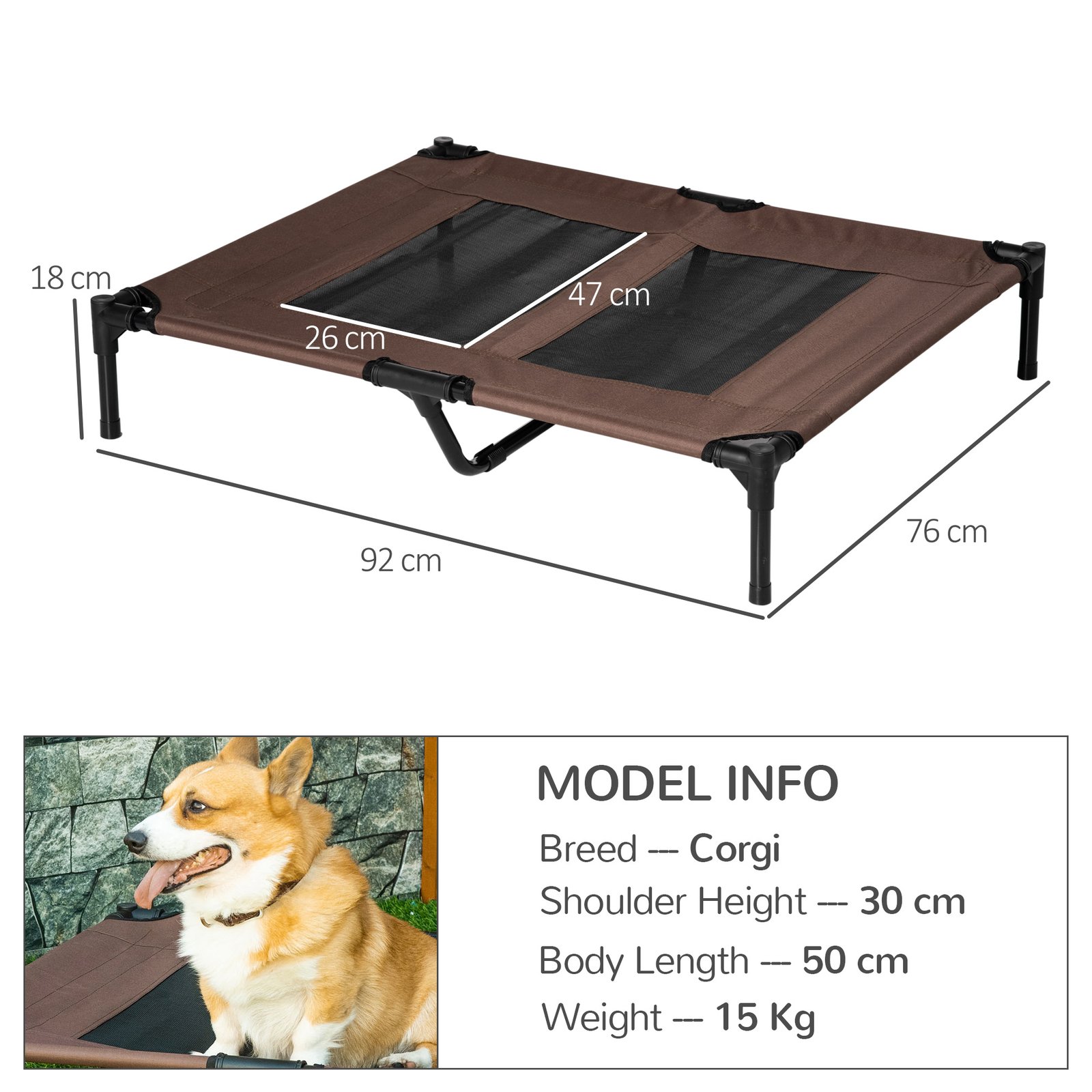Large Raised Dog Bed Cat Elevated Lifted Cooling Portable Camping Basket Outdoor Indoor Mesh Pet Cot Metal Frame Brown