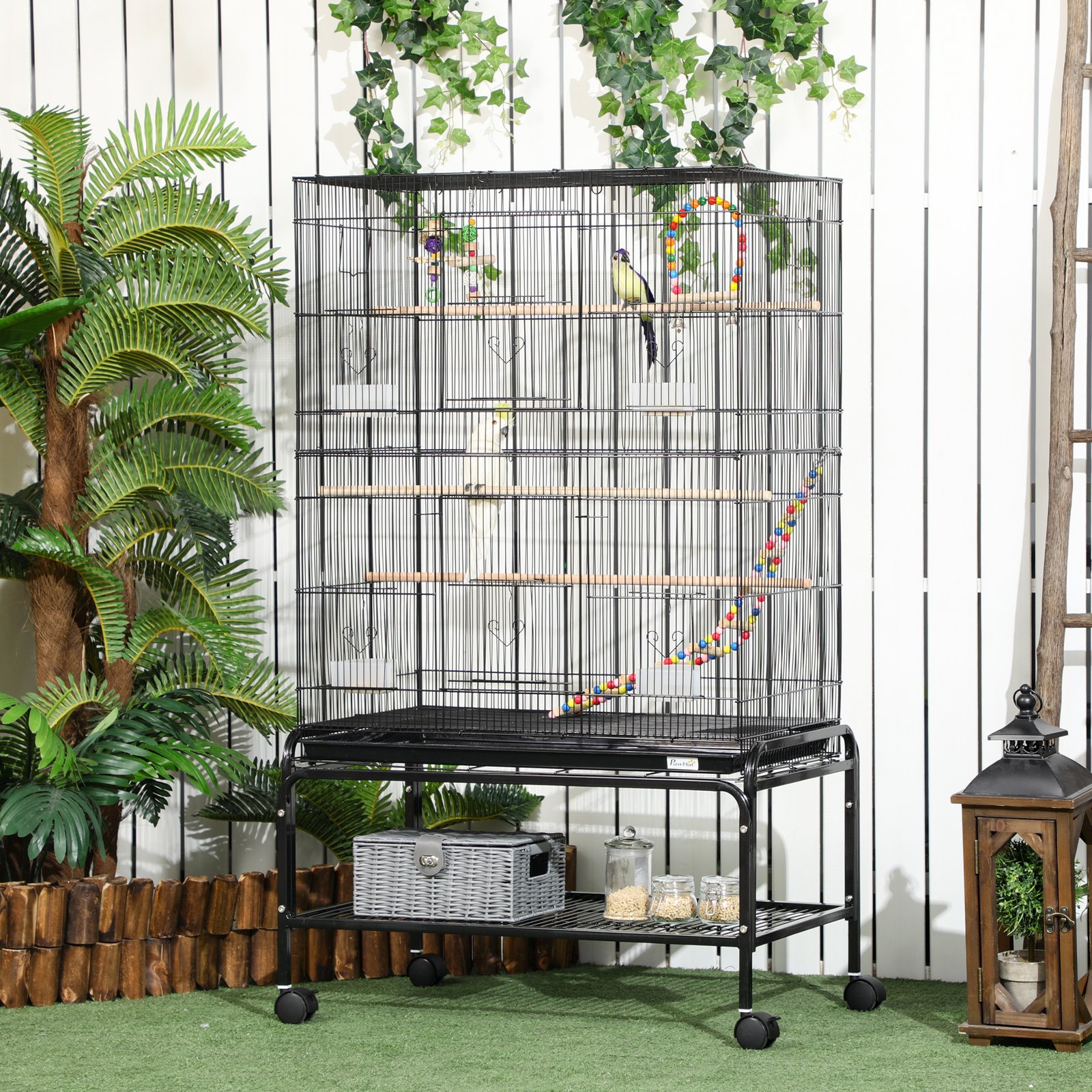 Large Bird Cage Budgie Cage with Stand, Toys, Wheels, Accessories, Storage Shelf for Canaries, Finches, Budgies - Black, 79 x 49 x 133 cm