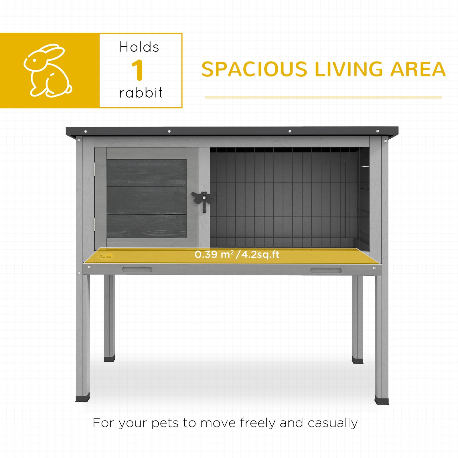 Wooden Guinea Pig Hutch, Small Animal Cage with Slide-out Tray, Openable Asphalt Roof, 84 x 43 x 70cm, Grey - Image 4