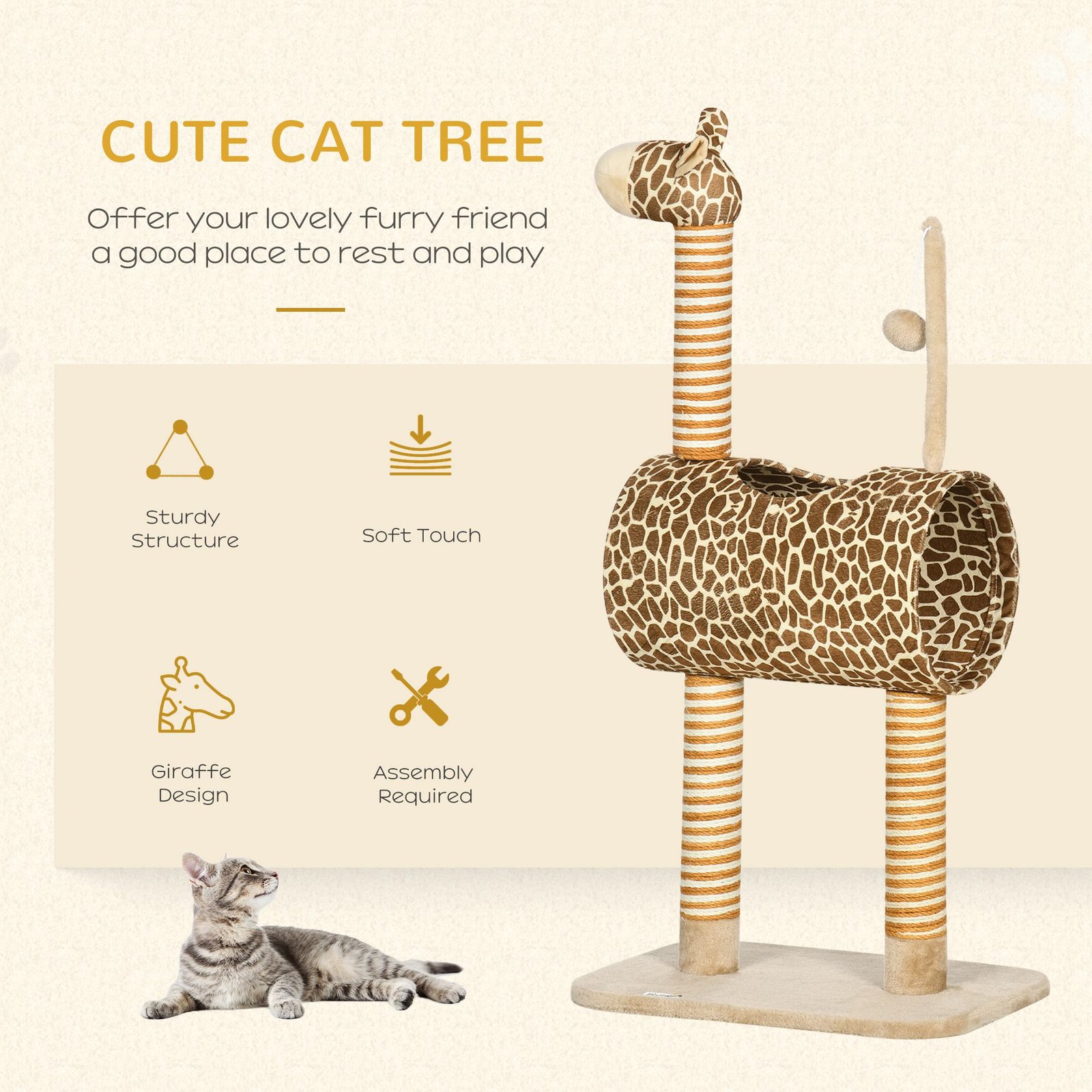 Giraffe-Designed Cat Tree, with Scratching Posts, Cat Tunnel, Toy Ball - Beige - Image 4