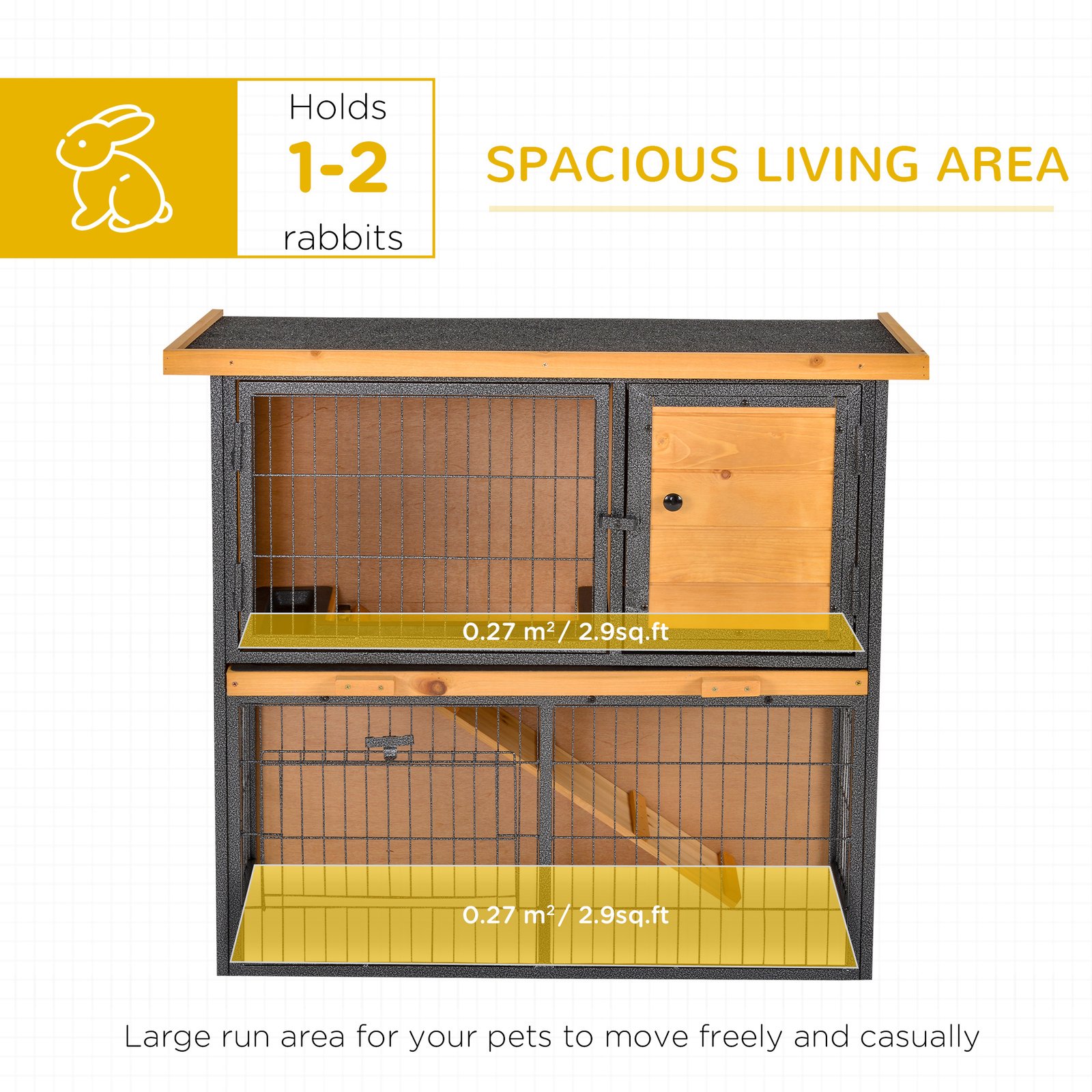 Guinea Pig Hutch Rabbit Hutch Wood-metal Elevated Pet House Bunny Cage with No-Leak Tray Ramp Openable Roof Outdoor 89.5 x 45 x 81cm Light Yellow