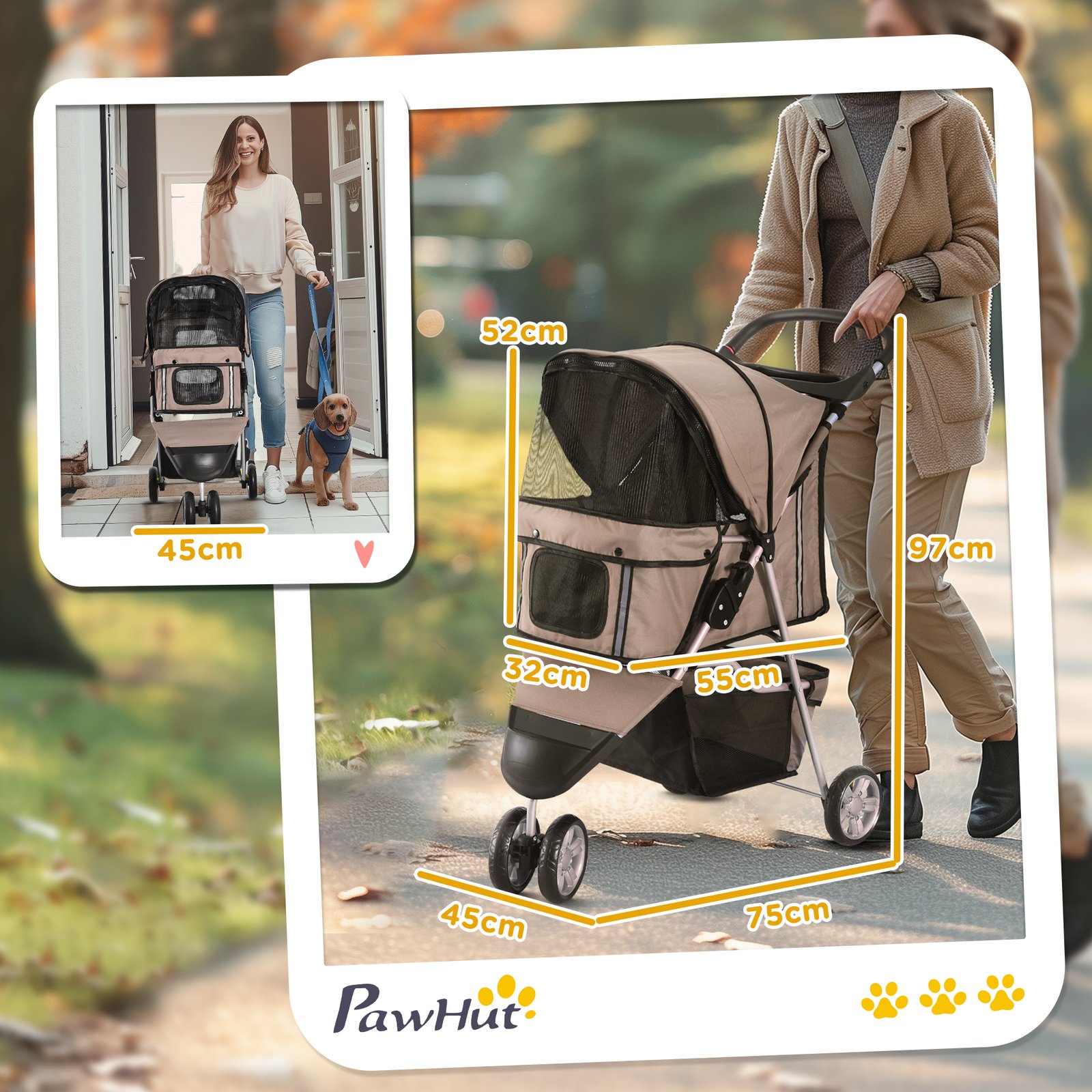 3 Wheel Pet Stroller for Small and Miniature Dogs, Brown - Image 3