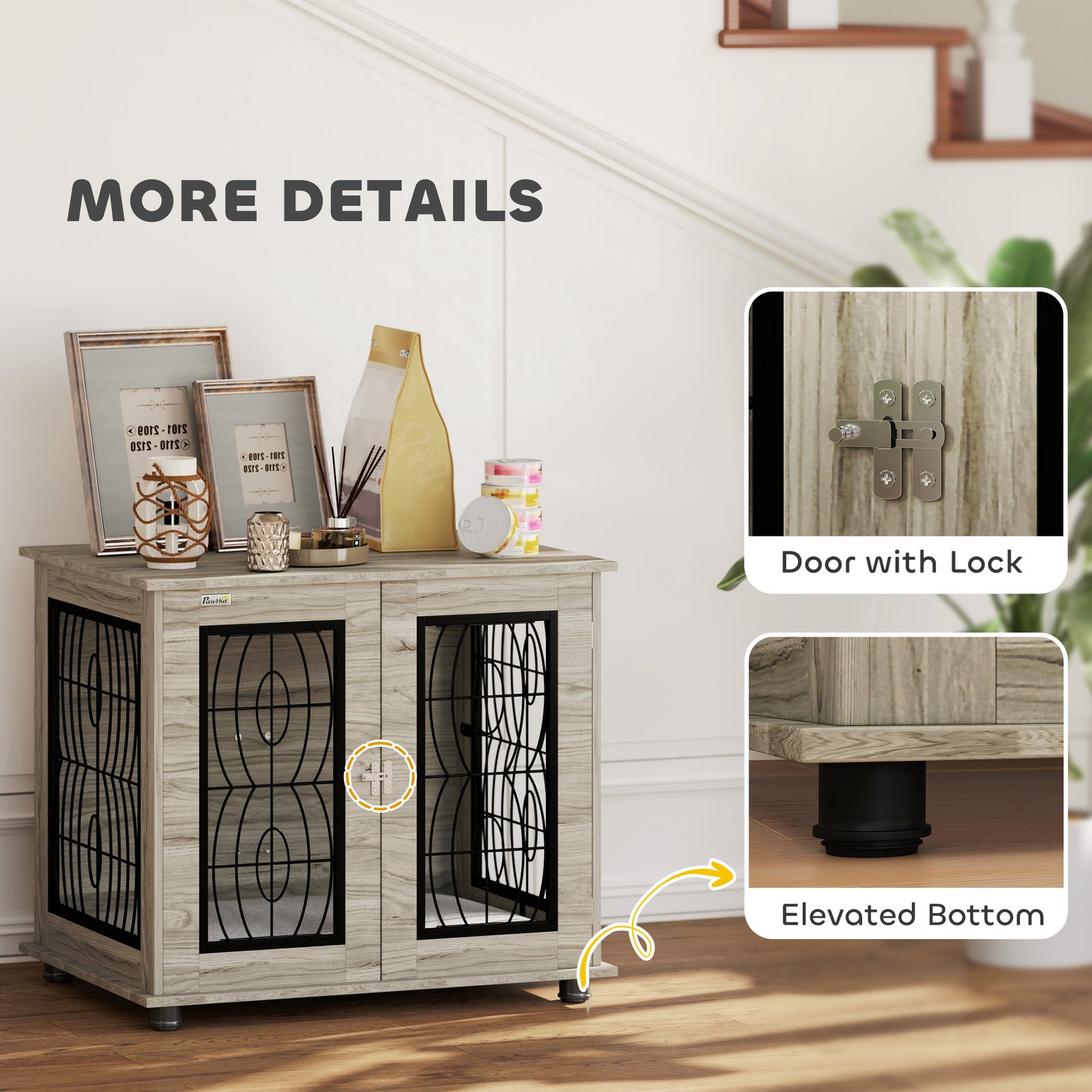 Indoor Dog Crate Furniture End Table with Soft Washable Cushion, Lockable Front Door, for Medium Dogs - Black - Image 8