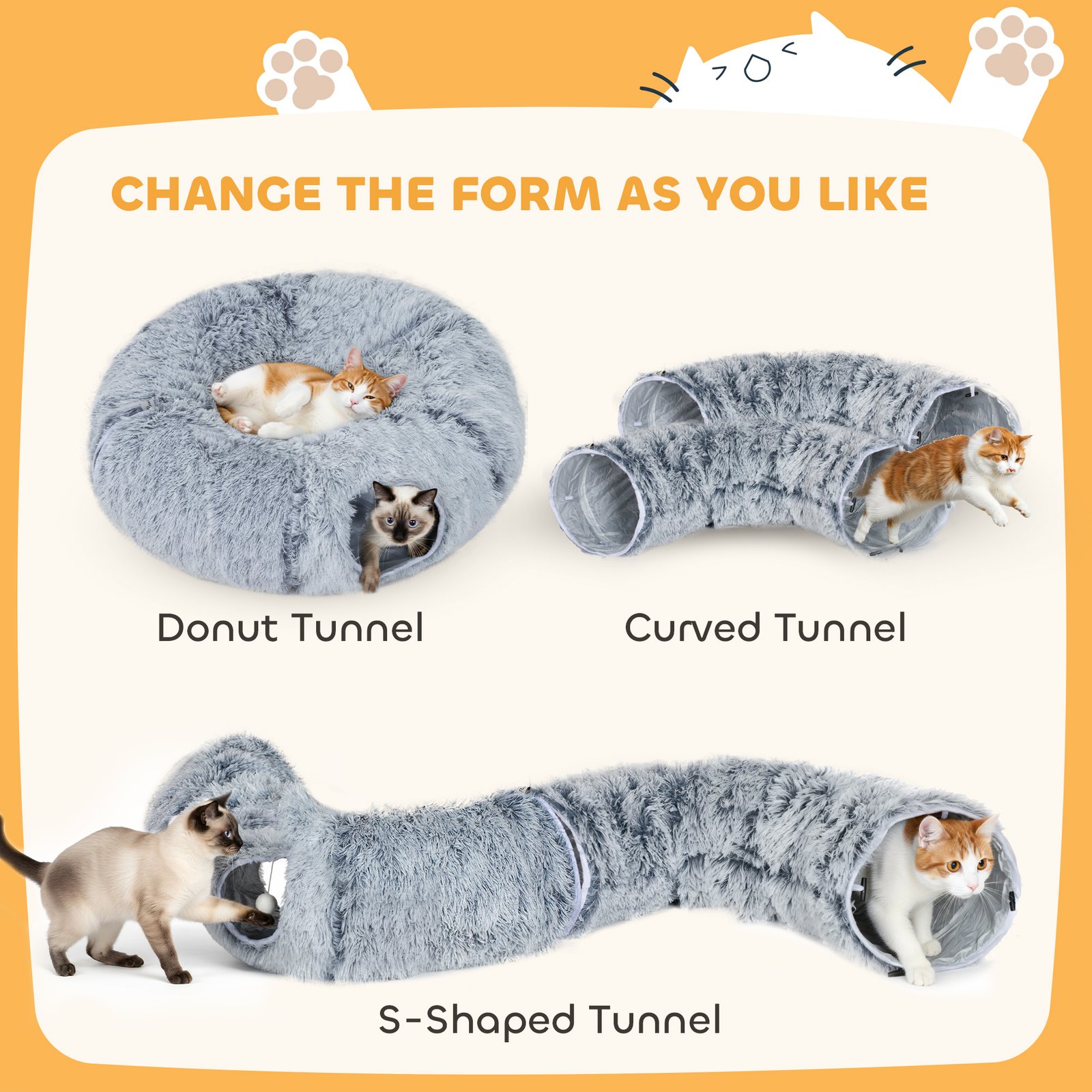 2-in-1 Donut Cat Tunnel with Washable Bed, Play Tunnel Bed with Toy Ball and Door Hole for Indoor Cats, Light Grey - Image 4