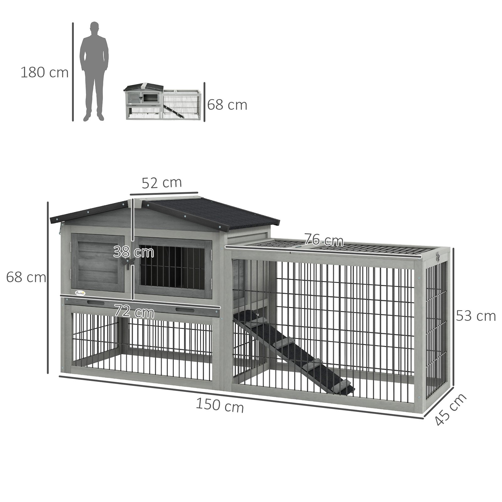 Wooden Rabbit Hutch with Outdoor Run Grey - Image 3