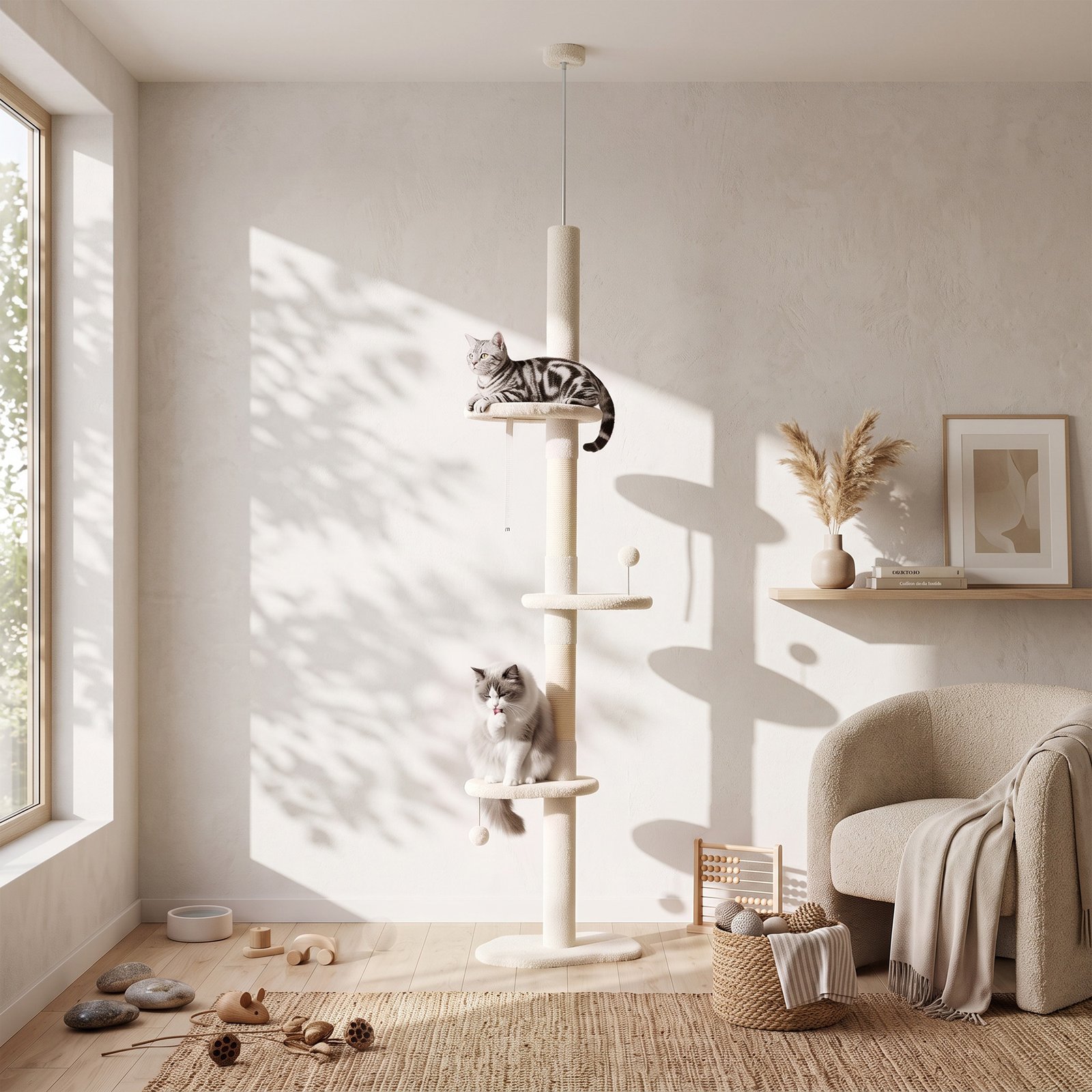 225-255 cm Adjustable Cat Climbing Tower with Sisal Scratching Posts, 2 Hanging Play Balls and Anti-Tip Strap, Beige