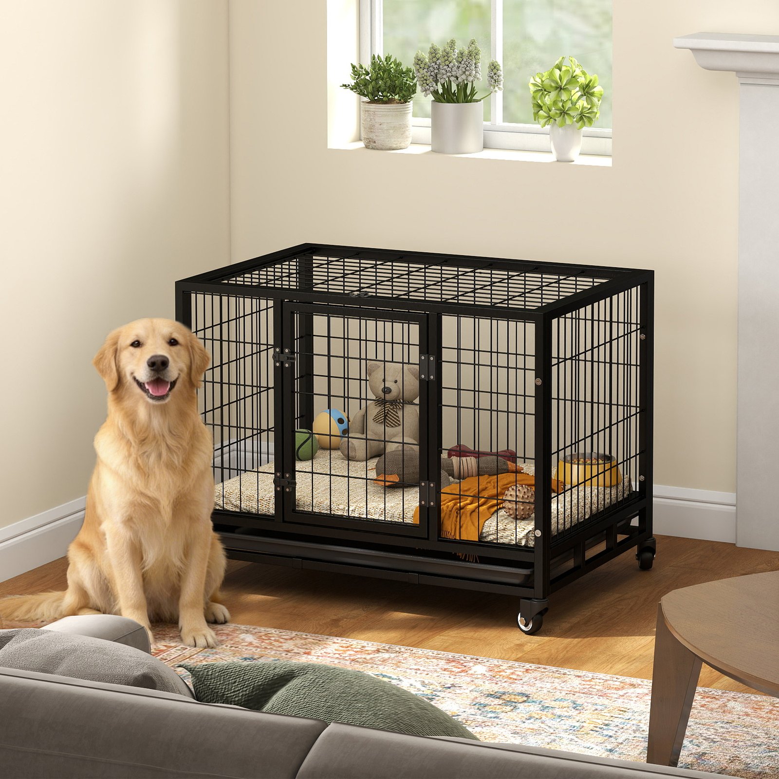 36" Heavy Duty Metal Dog Crate Pet Cage with Tray Wheeled Dog Kennel - Black (Medium) - Image 9