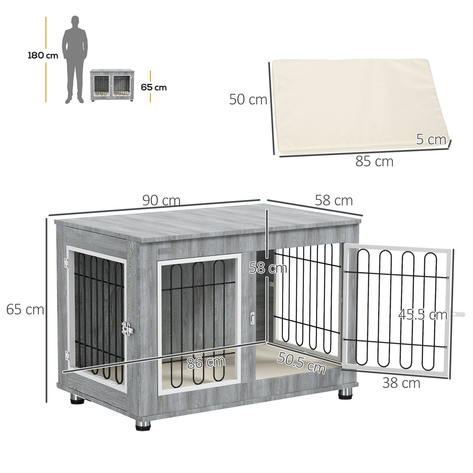 Dog Crate Furniture End Table, with Washable Cushion, Double Doors, for Medium/Large Dogs, Grey - Image 3