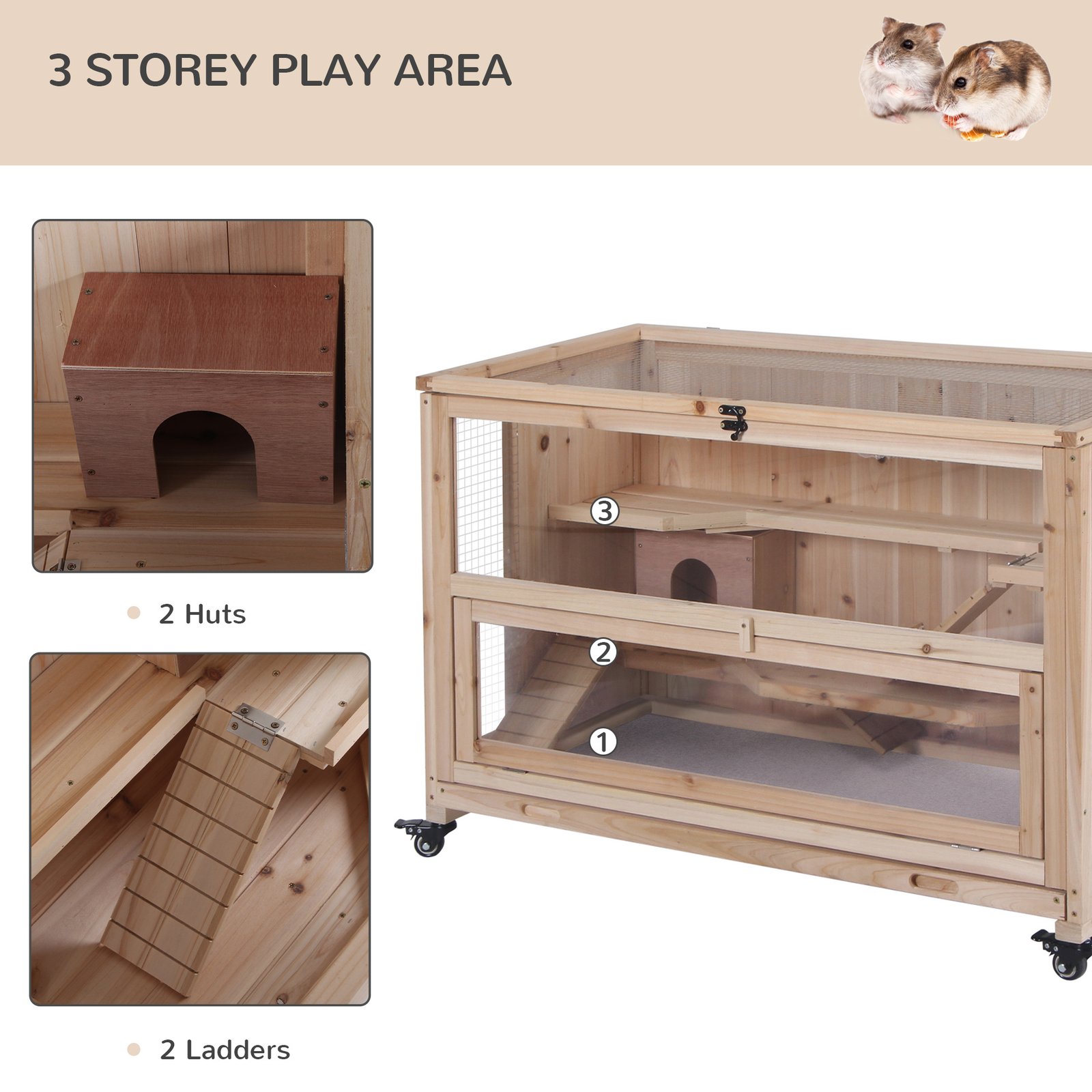 Wooden Hamster Cage, Mice Rodent Small Animals Kit Hutch, 3 Tiers Exercise Play Enclosure, with Wheels, Bottom Tray, 99 x 50 x 69 cm, Natural Wood
