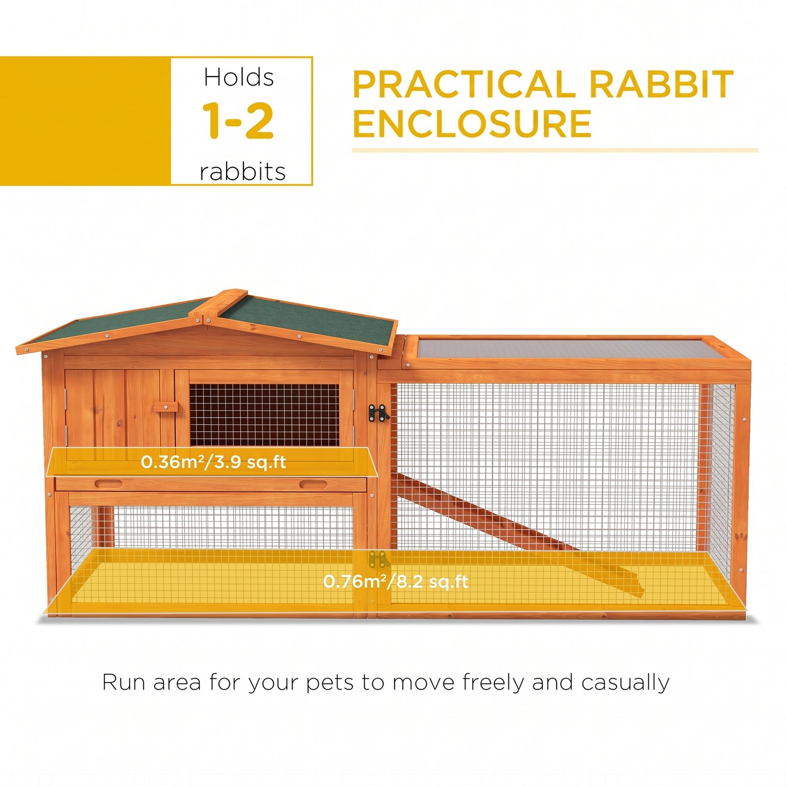 Rabbit Hutch with Run Wooden Guinea Pig Hutch Outdoor Bunny Cage Hide House with Sliding Tray, Hay Rack, Ramp, 156 x 58 x 68cm, Orange