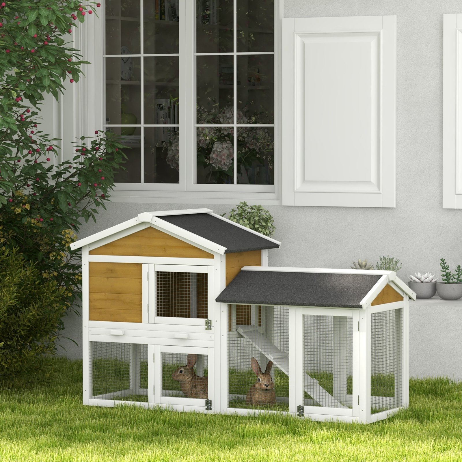 Wooden Rabbit Hutch Outdoor, Double Tier with Water-Resistant Roof, Ramp 147 x 54 x 84 cm, Yellow - Image 9