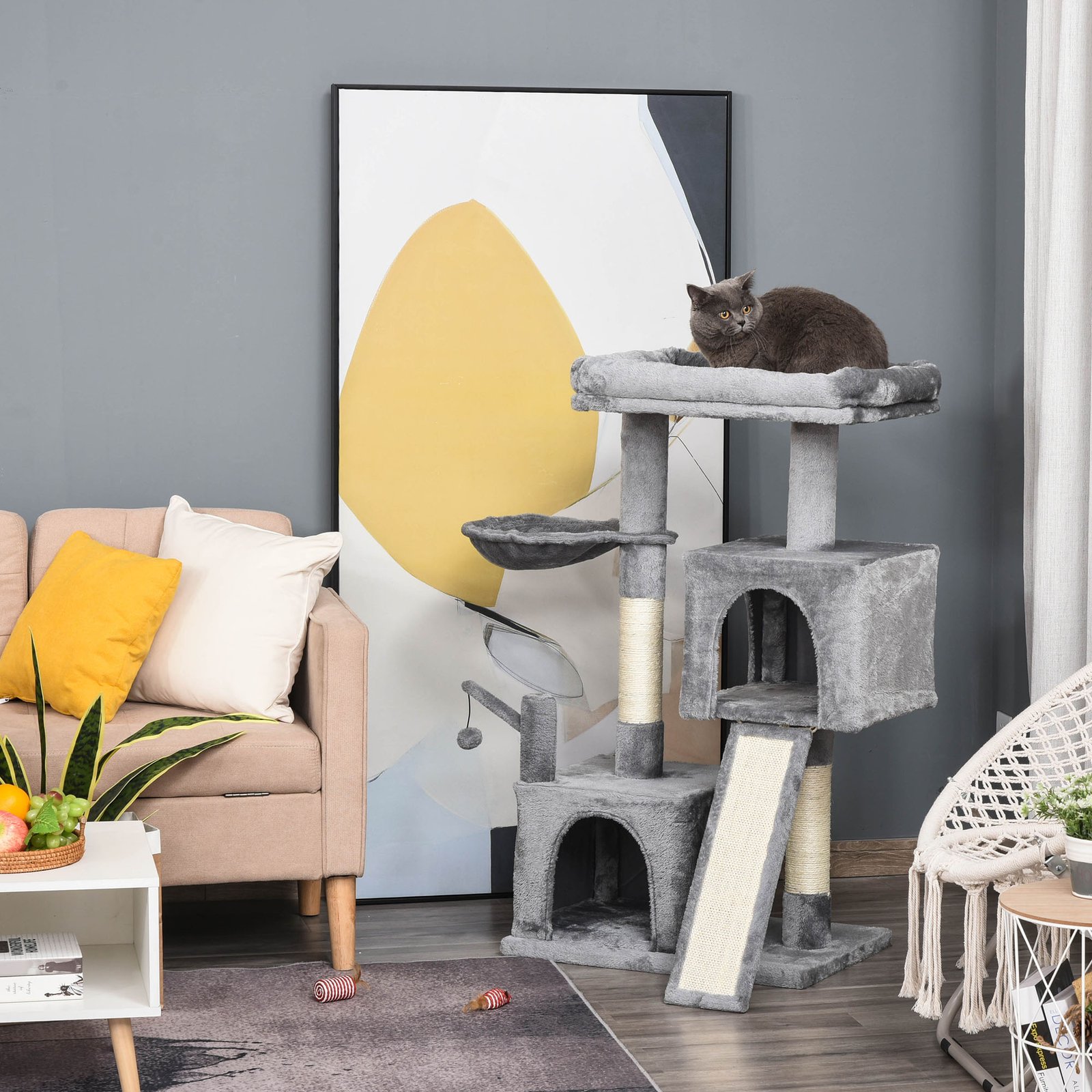 Cat Tree Tower for Indoor Cats, 111cm Kitten Activity Centre with Scratching Post Pad Hammock Condo Bed Ball Toy, Grey