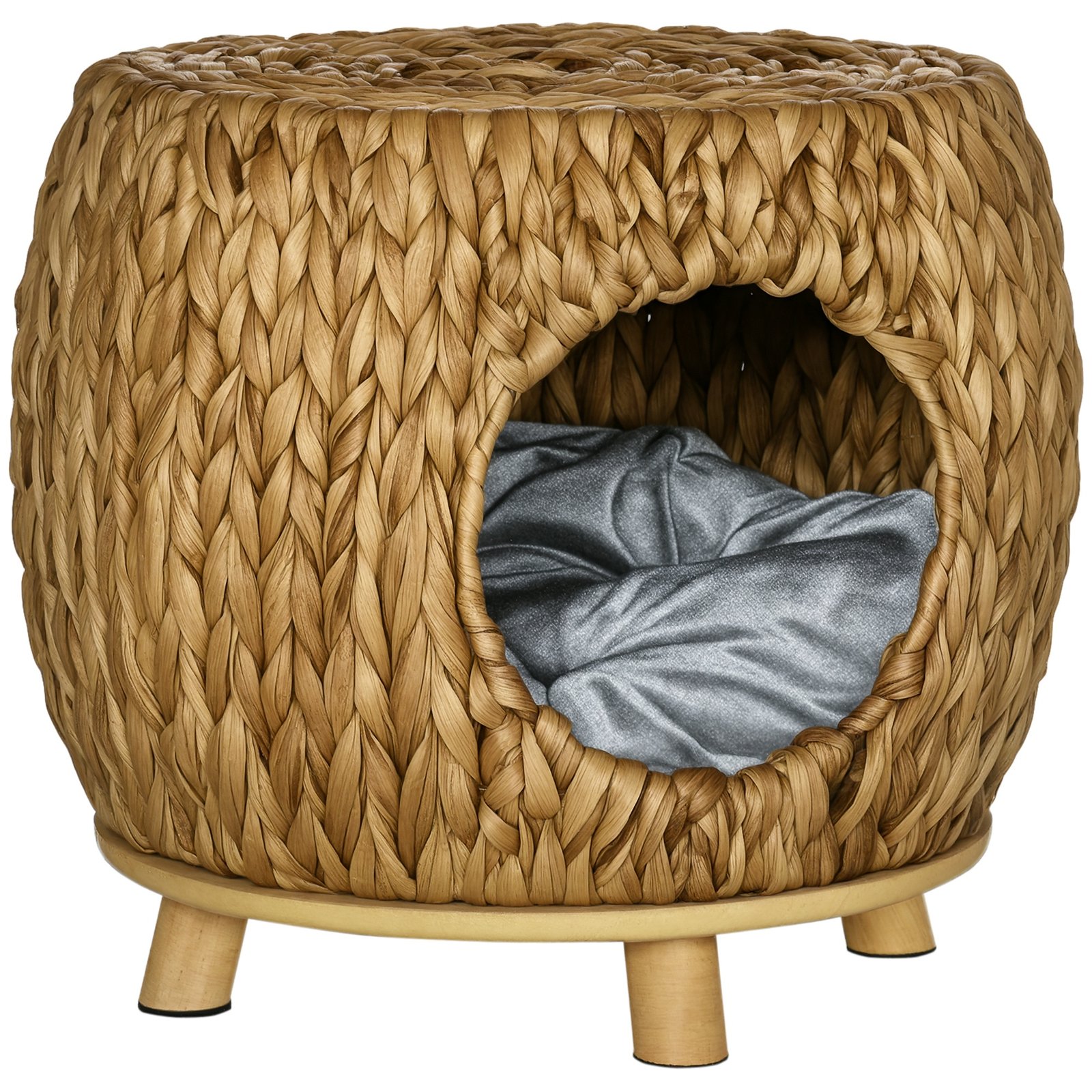Wicker Cat Bed Cat House Stool with Washable Cushion, 44 x 43 x 41cm