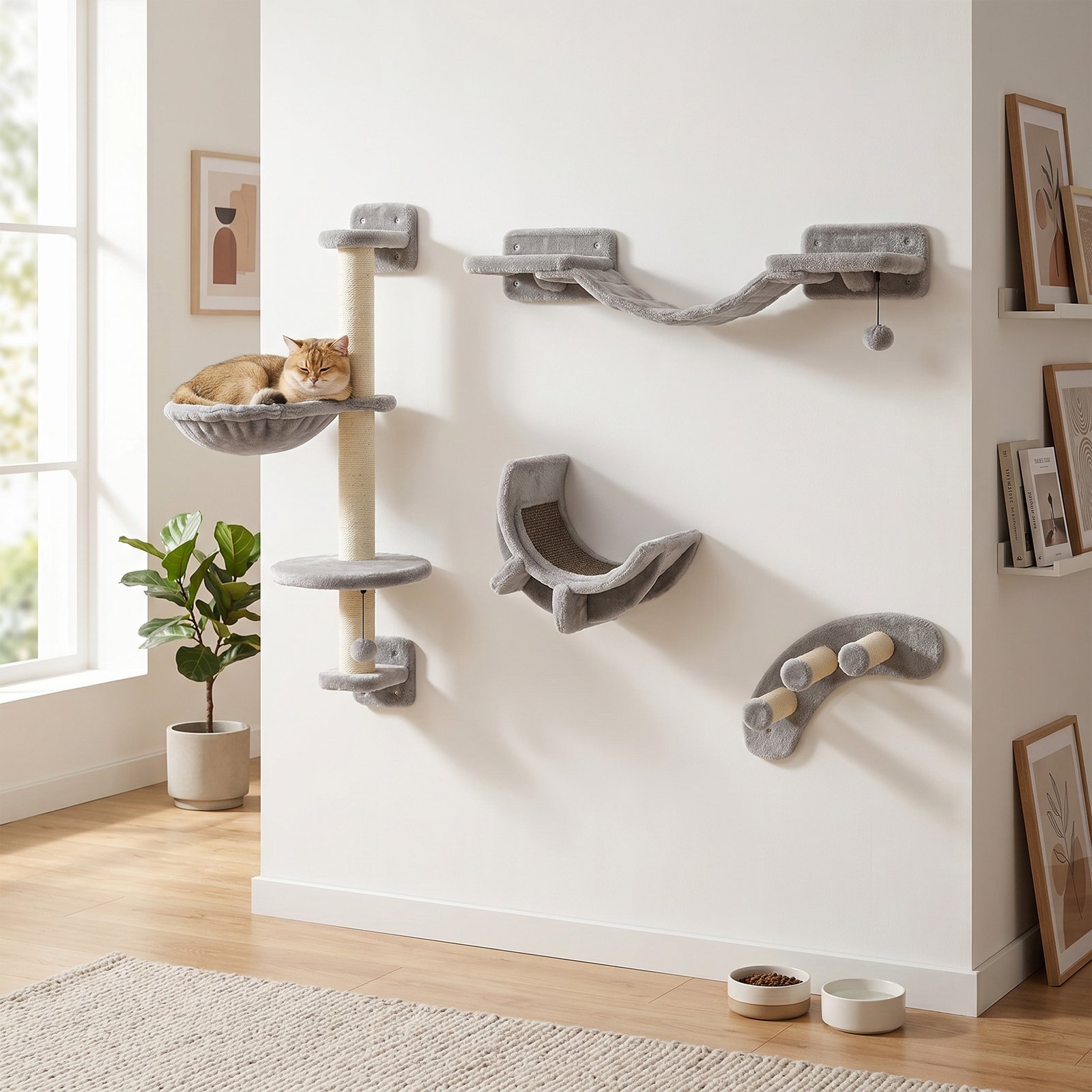 Four-Piece Cat Wall Furniture, with Hammock, Ladder, Platforms, Steps, for Indoor Use - Grey - Image 9