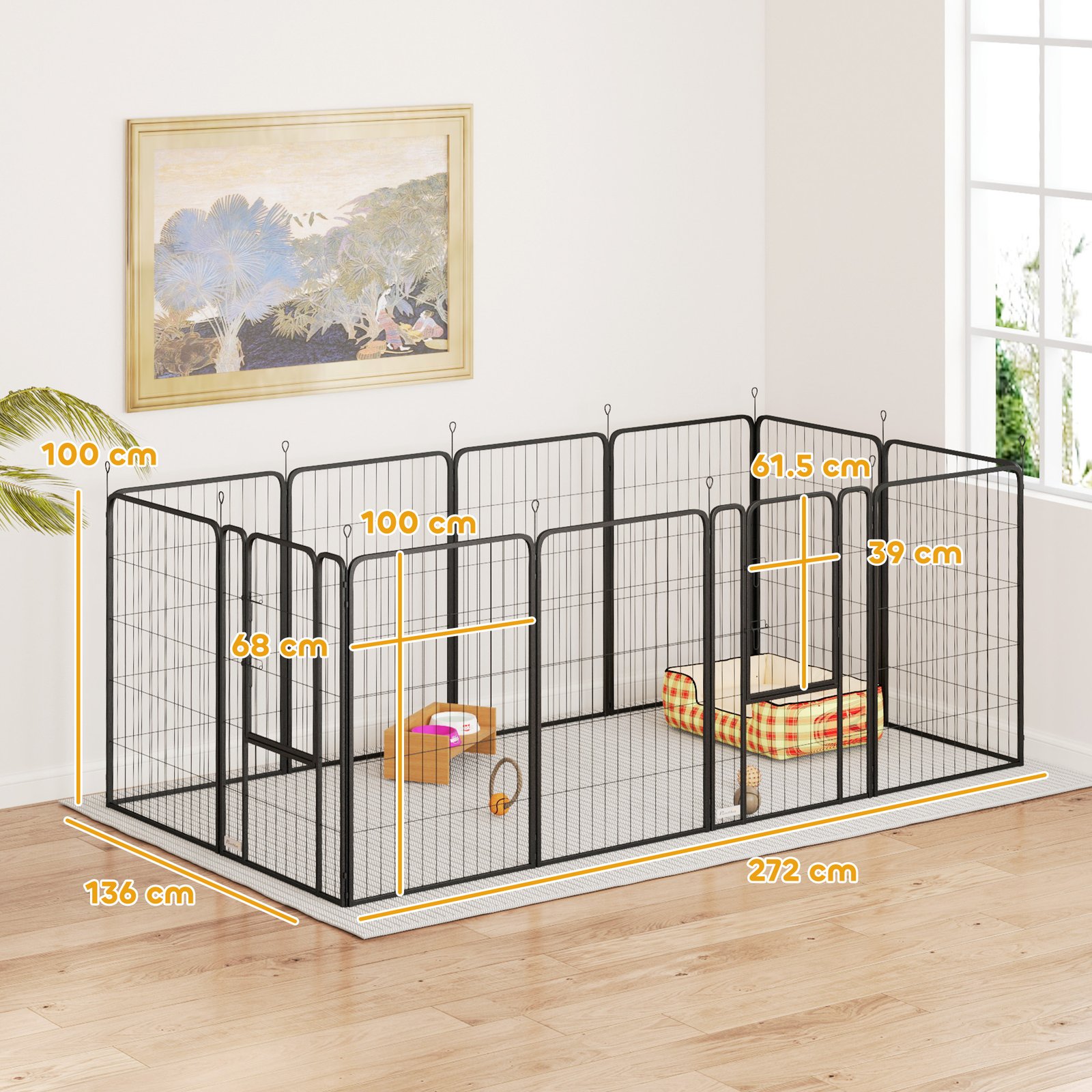 12-Panel Solid Dog Playpen with Doors, for Large Dogs, 100cm Tall, Black