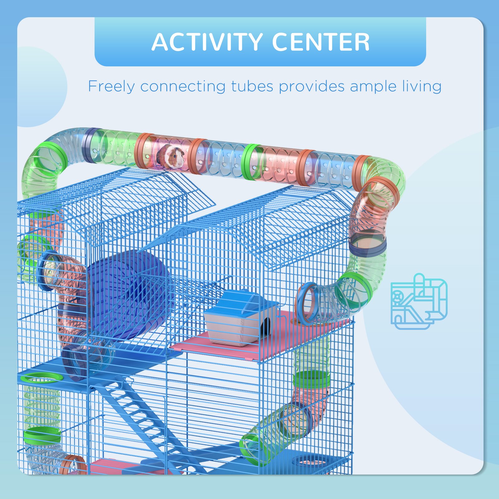 Hamster Cage, 5 Tier Carrier Habitat with Exercise Wheels Tunnel Tube Water Bottle Dishes House Ladder, Gerbil Cage for Dwarf Mice, Blue