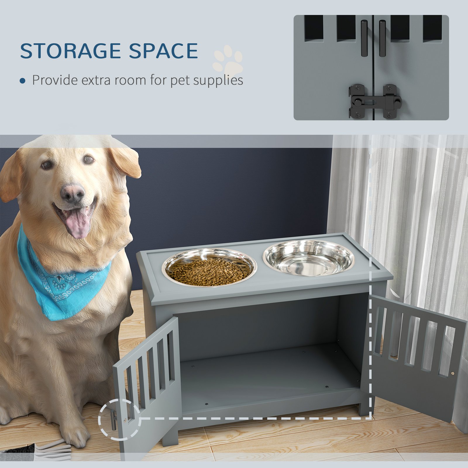 Raised Dog Bowls, Pet Feeding Station, with Storage, Food and Water Bowls, for Large Dogs - Grey