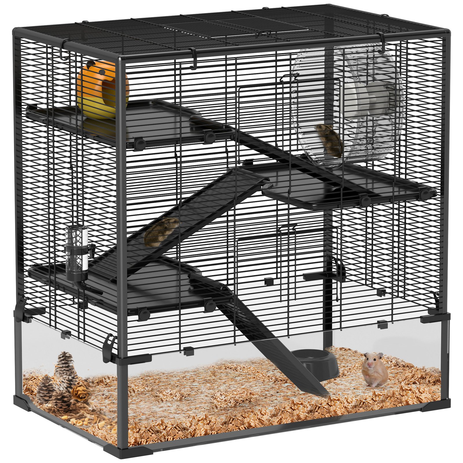Four-Tier Hamster Cage with Deep Tempered Glass Bottom, Hut, Running Wheel, Food Dish, Water Bottle, 78.5 x 48.5 x 80cm