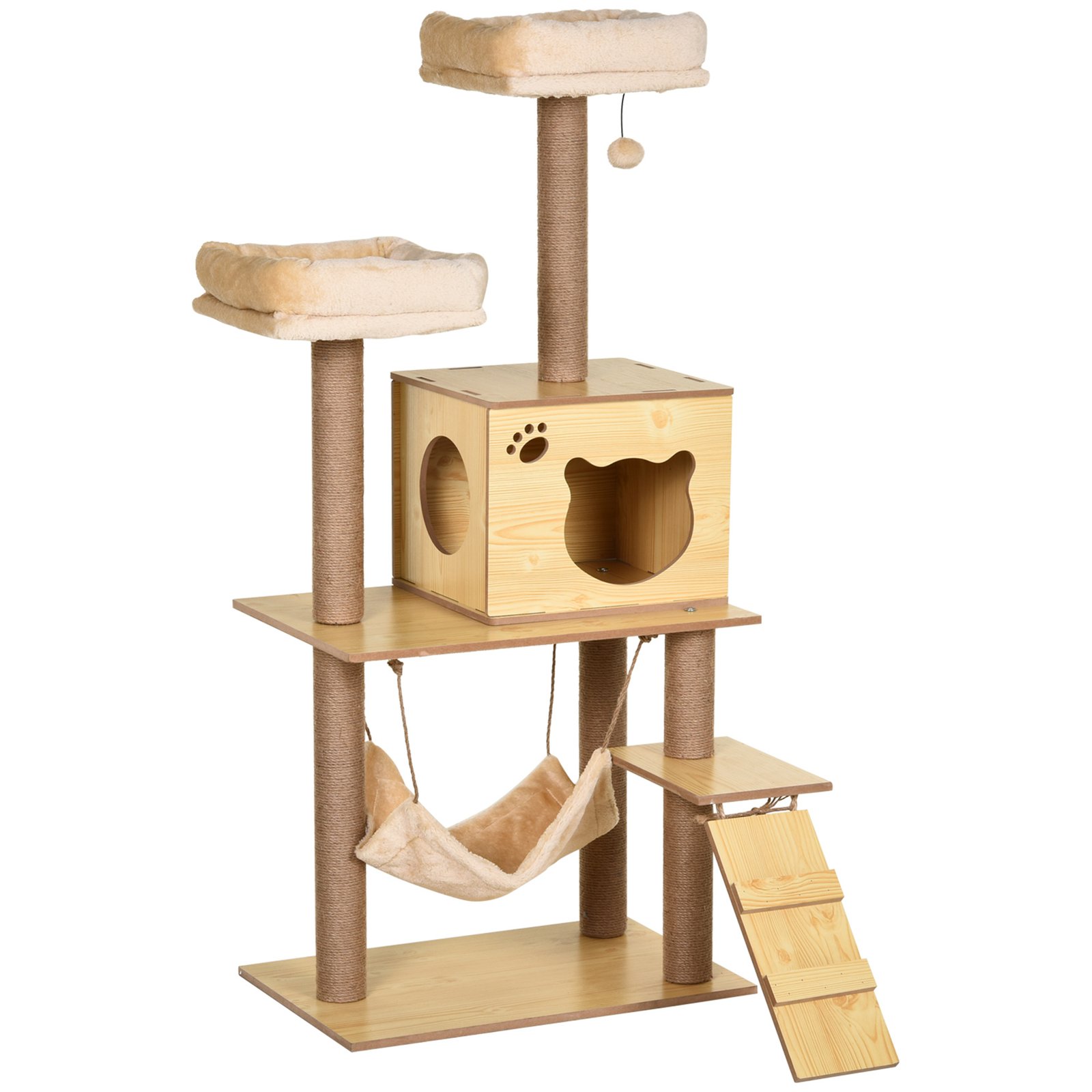 130cm Cat Tree for Indoor Cats, Multi-Level Plush Cat Tower, with Five Scratching Posts, Two Perches, Cat House, Hammock