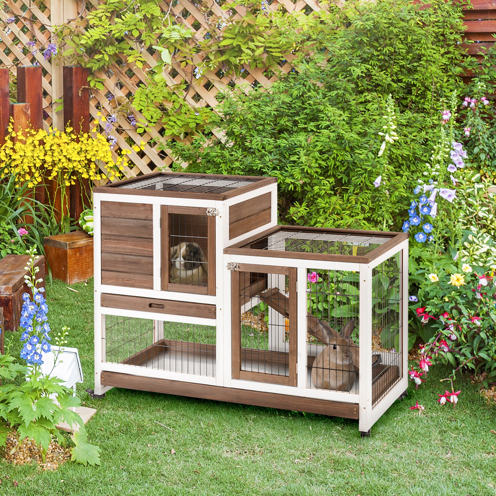 Two-Tier Rabbit Hutch Pet Cage, with Wheels - Brown - Image 9