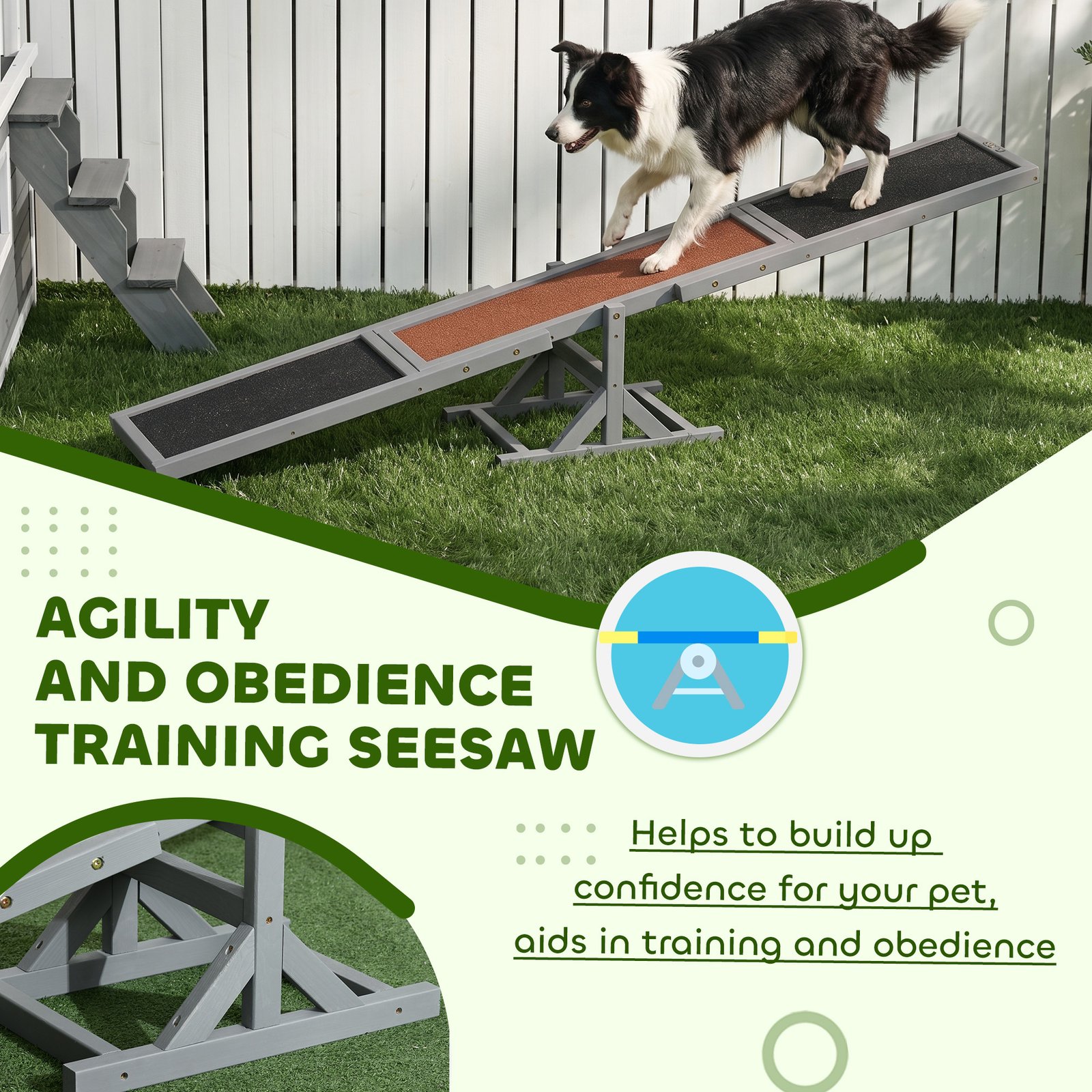 Wooden Pet Seesaw for Big Dogs, Dog Agility Equipment with Anti-Slip Surface - Grey