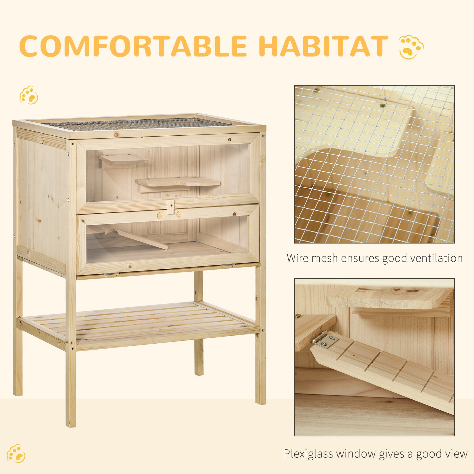 Wooden Hamster Cage with Storage Shelf, Small Animal Exercise Play Enclosure Gerbil Cage with Openable Top, Ramp for Gerbils, Drawf Hamsters, 60 x 40 x 80 cm - Natural