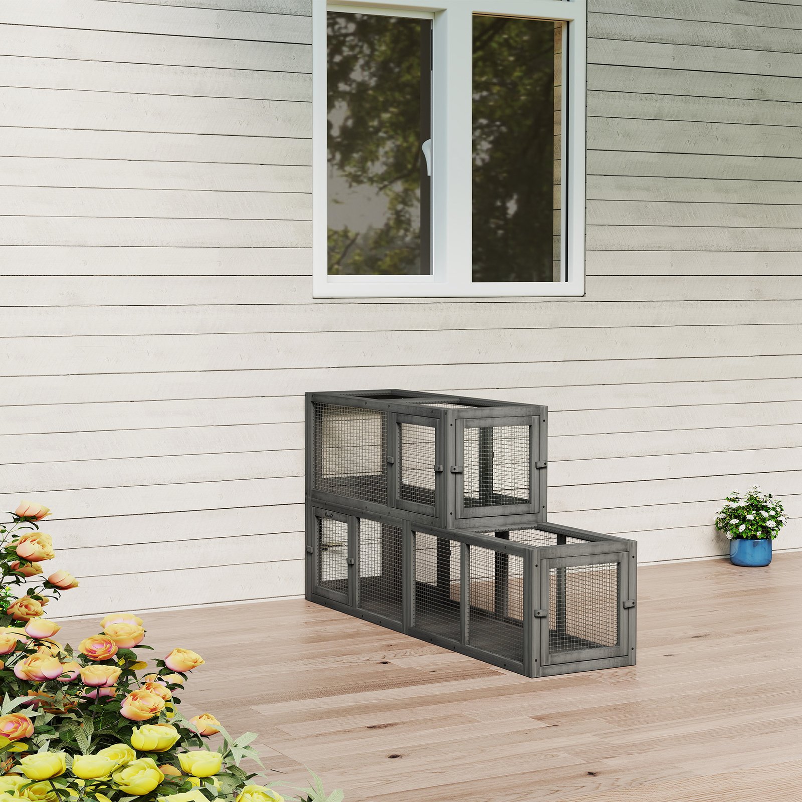Cat Tunnel, 250cm Extra Long Wooden Cat Play Tunnel with 8 Doors, L-shape/Rectangle, Outdoor Cat Enclosure, Dark Grey