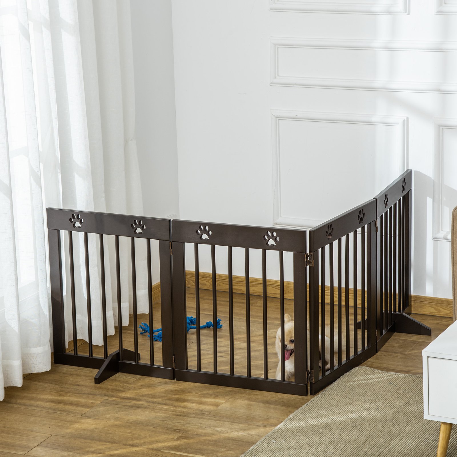 Freestanding Pet Gate 4 Panel Wooden Dog Barrier Folding Safety Fence with Support Feet up to 204cm Long 61cm Tall for Doorway Stairs Brown - Image 6