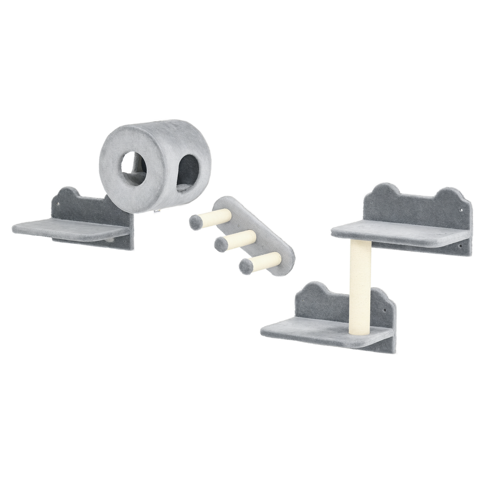 4PCs Wall-Mounted Cat Tree, with Steps, Perch, Cat House - Grey