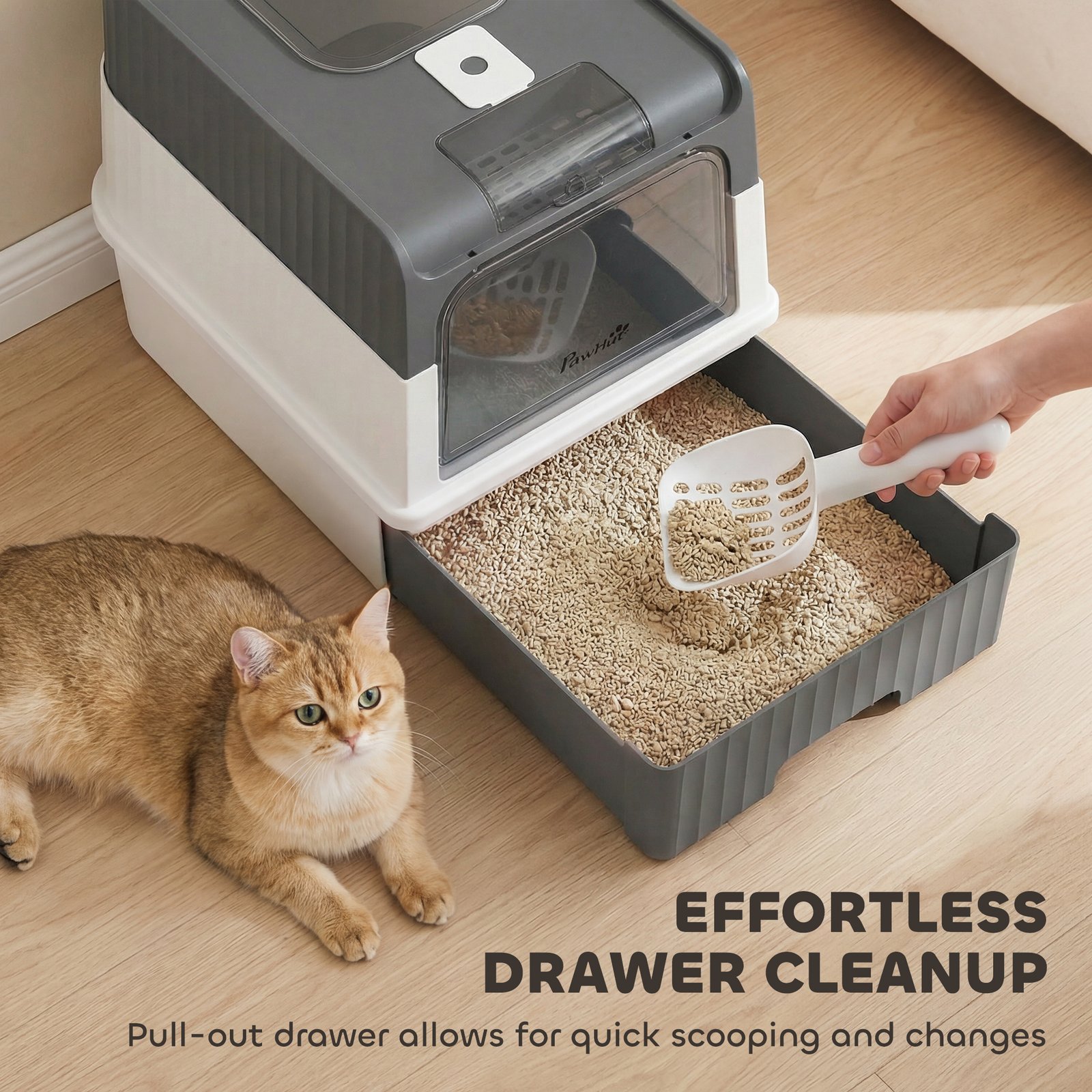 Enclosed Cat Litter Box with Lid, Pull-Out Drawer Tray, Scoop, 4 Deodorisation Bags, Front Entry & Top Exit, Grey