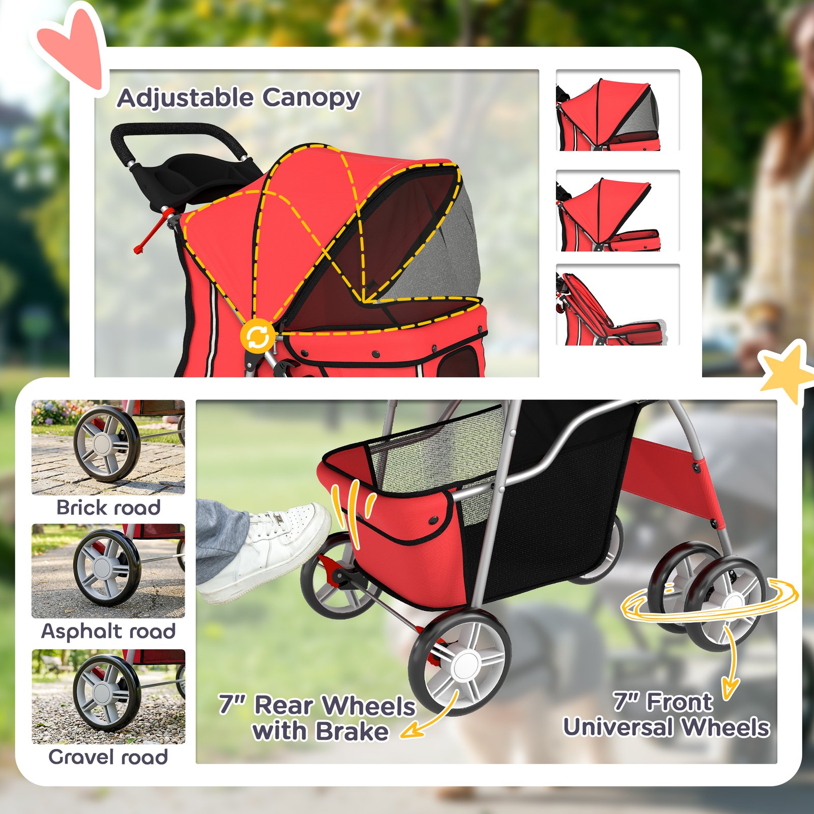 Dog Pram, Pet Stroller with Reflective Strips, Foldable Cat Stroller with 360° Swivel Wheels, Red - Image 6