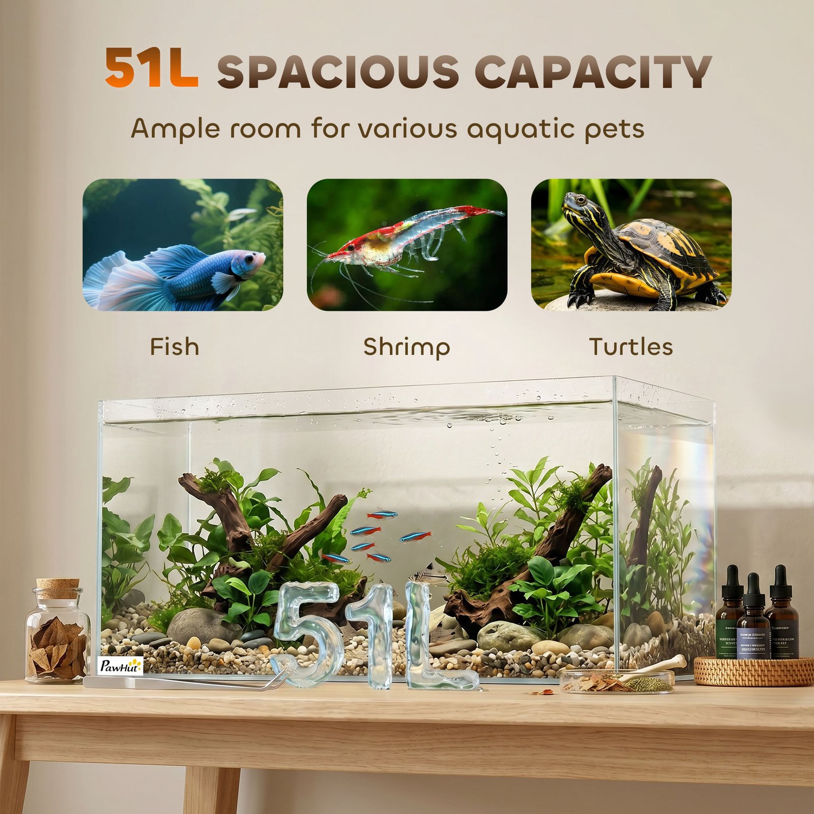 Fish Tank Bare Glass for DIY Glass Aquarium with Protective Base Mat 51L Transparent for Fish Shrimps